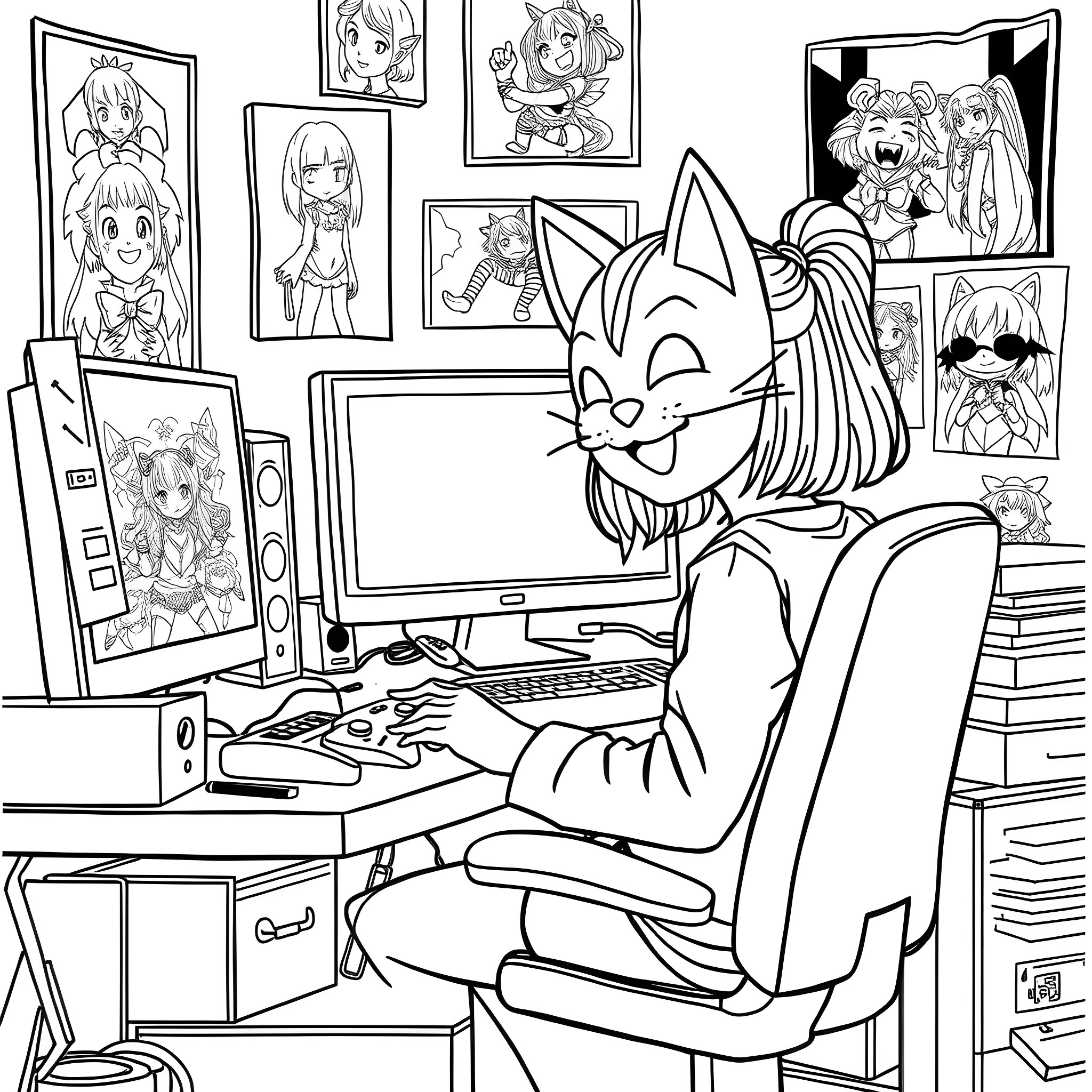 Girl drawing and coloring at computer desk Coloring Page (free black-and-white line drawing printable PDF for all, from beginners to advanced learners, including children, teens, adults, and seniors)
