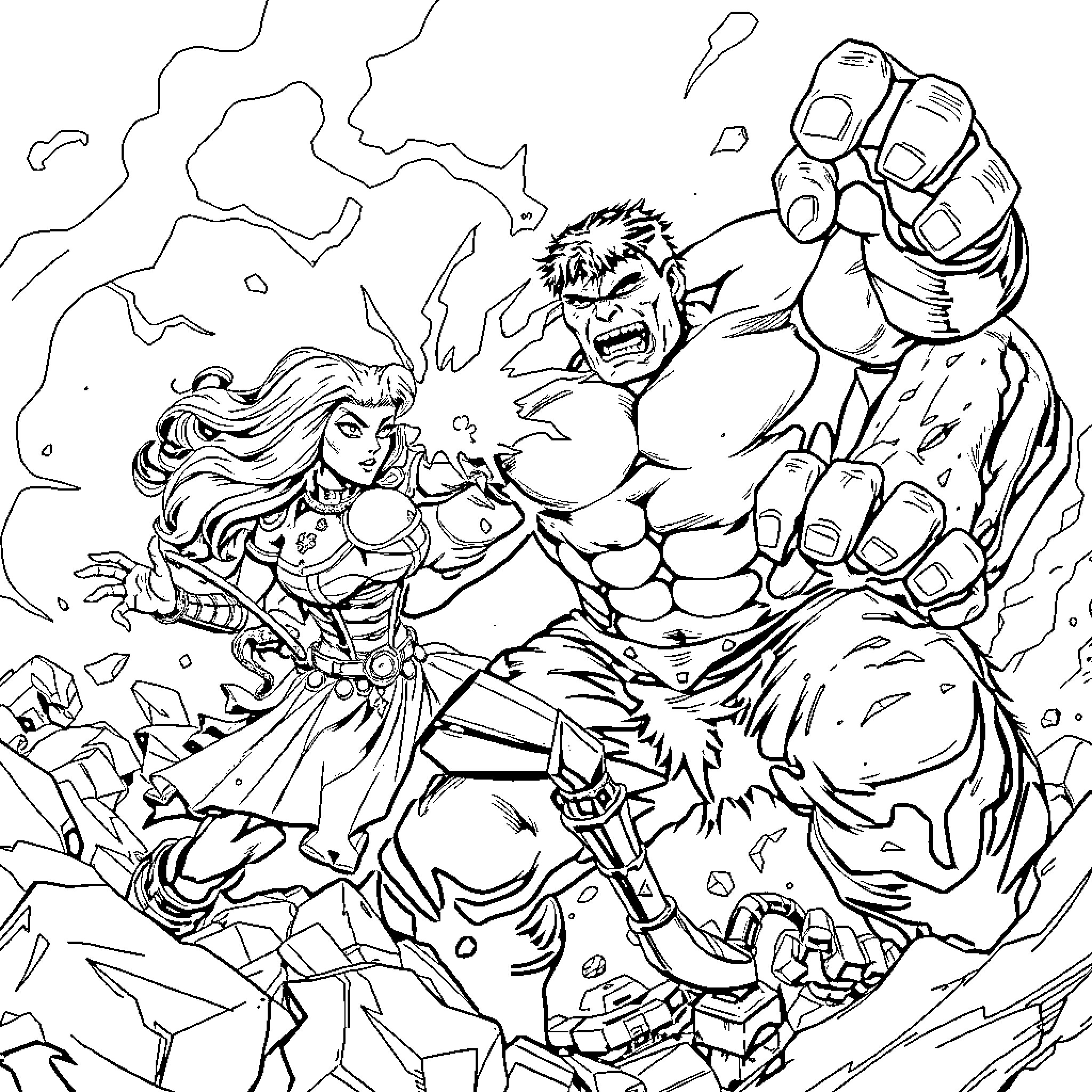 Shriek of battle between powerful warrior and mighty beast Coloring Page (free black-and-white line drawing printable PDF for all, from beginners to advanced learners, including children, teens, adults, and seniors)
