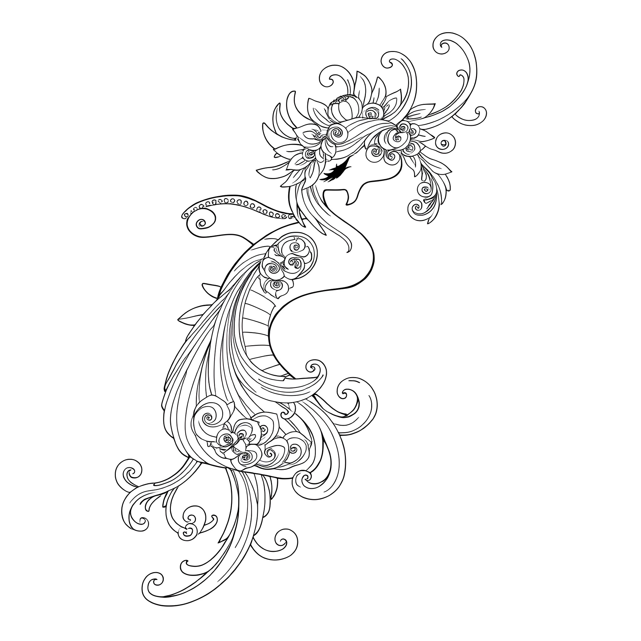 Mishipeshu's Mystical Floral Dance Coloring Page (free black-and-white line drawing printable PDF for all, from beginners to advanced learners, including children, teens, adults, and seniors)