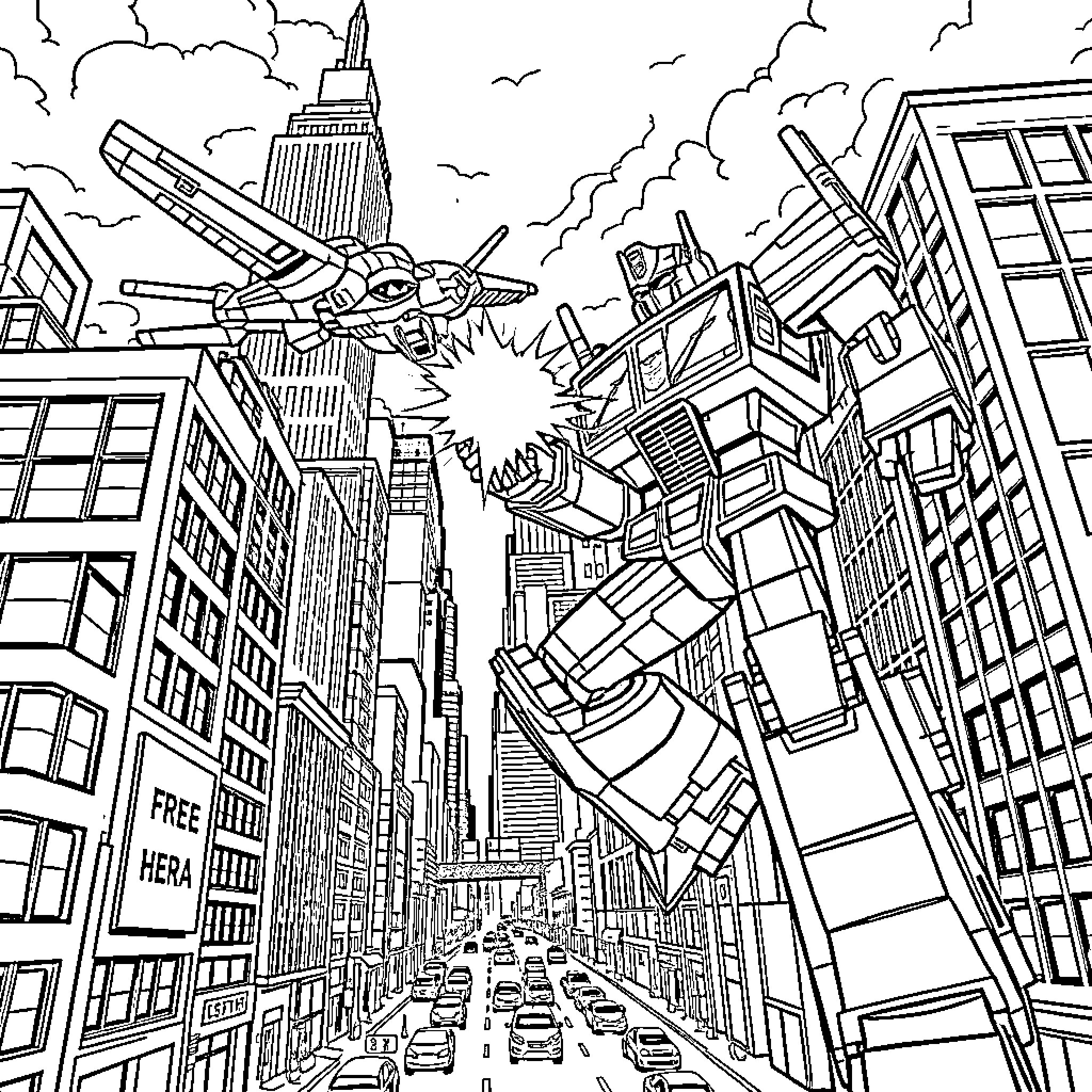 Optimus Prime battling in the city Coloring Page (free black-and-white line drawing printable PDF for all, from beginners to advanced learners, including children, teens, adults, and seniors)