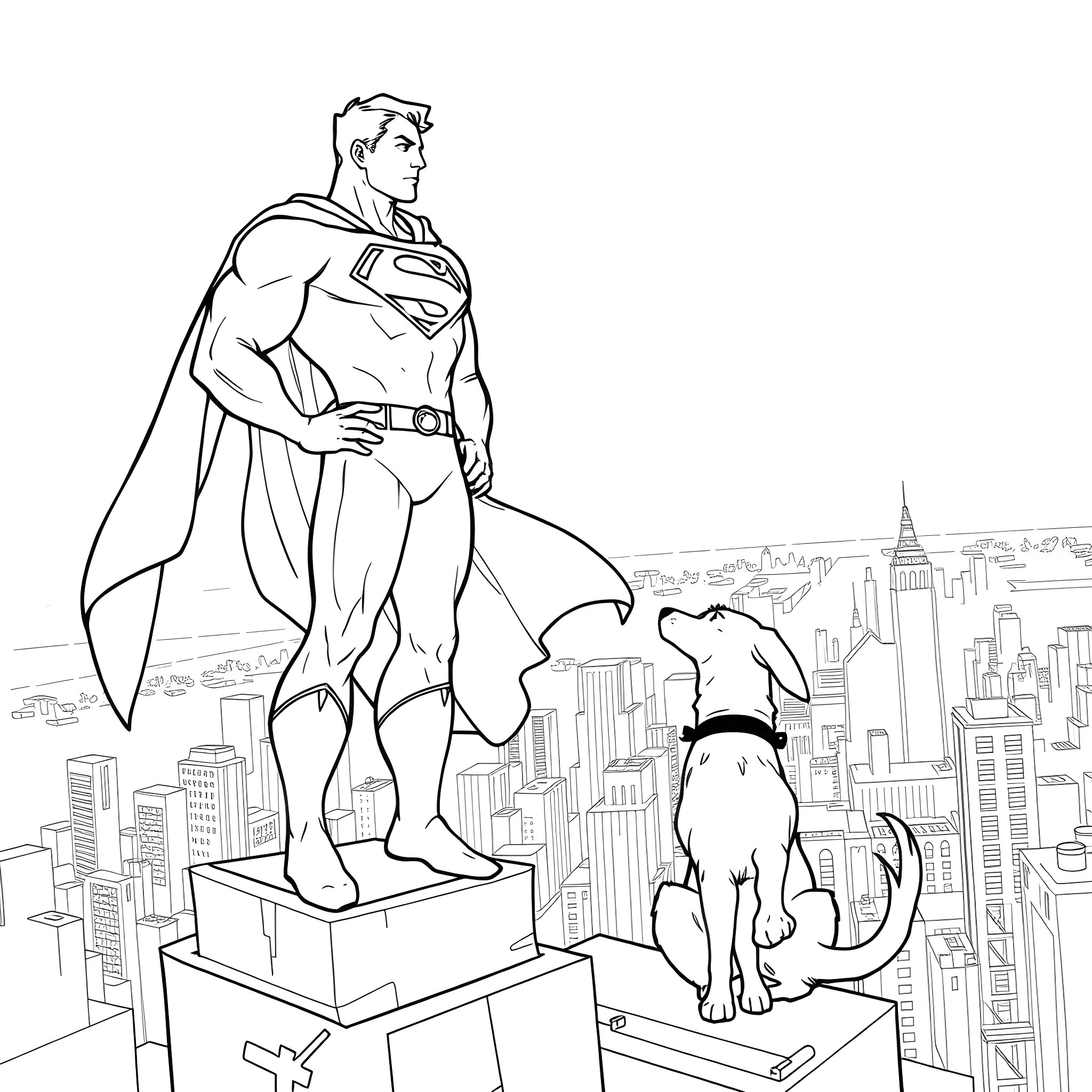 Superman surveying the city with his loyal companion Coloring Page (free black-and-white line drawing printable PDF for all, from beginners to advanced learners, including children, teens, adults, and seniors)