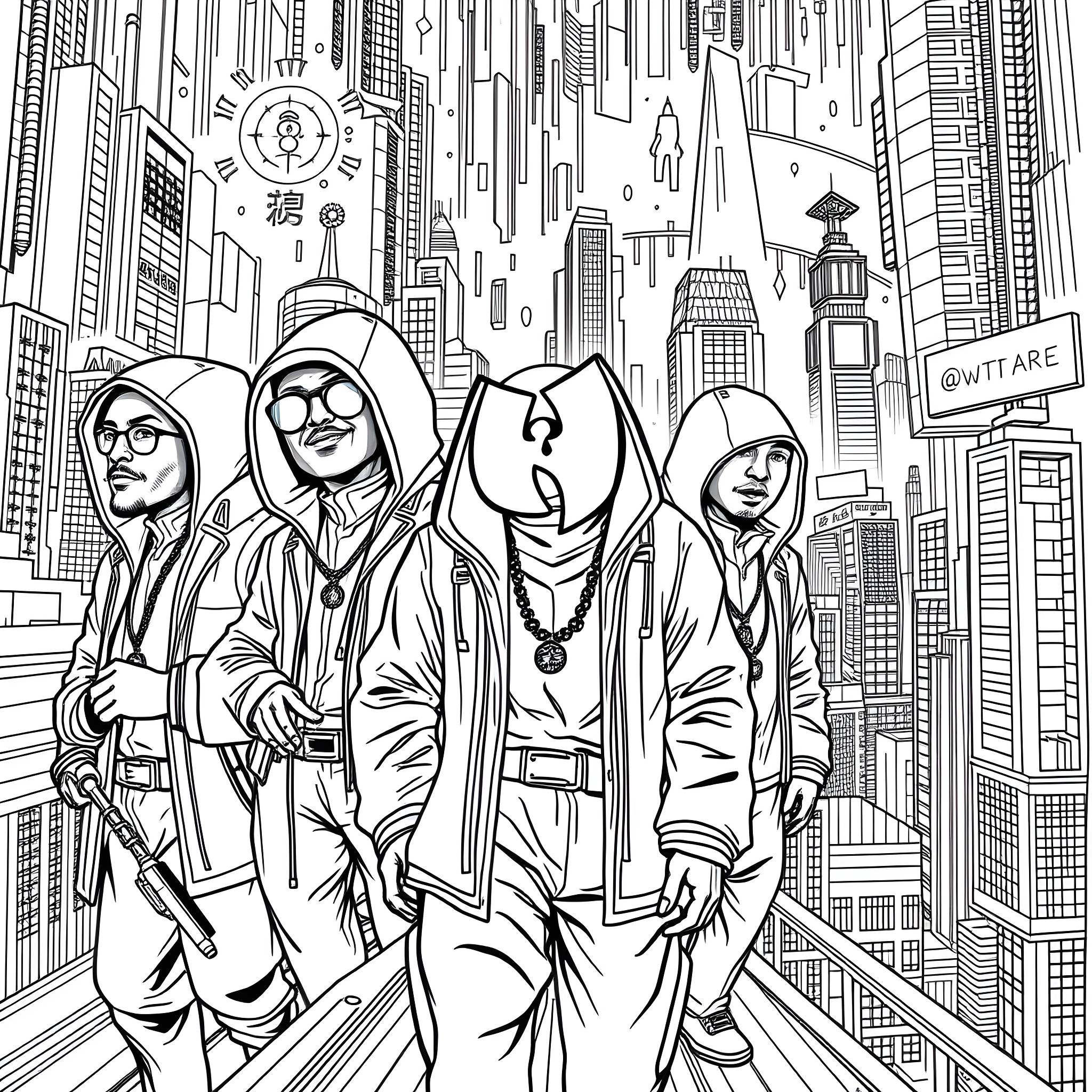 Wu-Tang Clan - Hooded Figures Strolling Through the Futuristic City Coloring Page (free black-and-white line drawing printable PDF for all, from beginners to advanced learners, including children, teens, adults, and seniors)