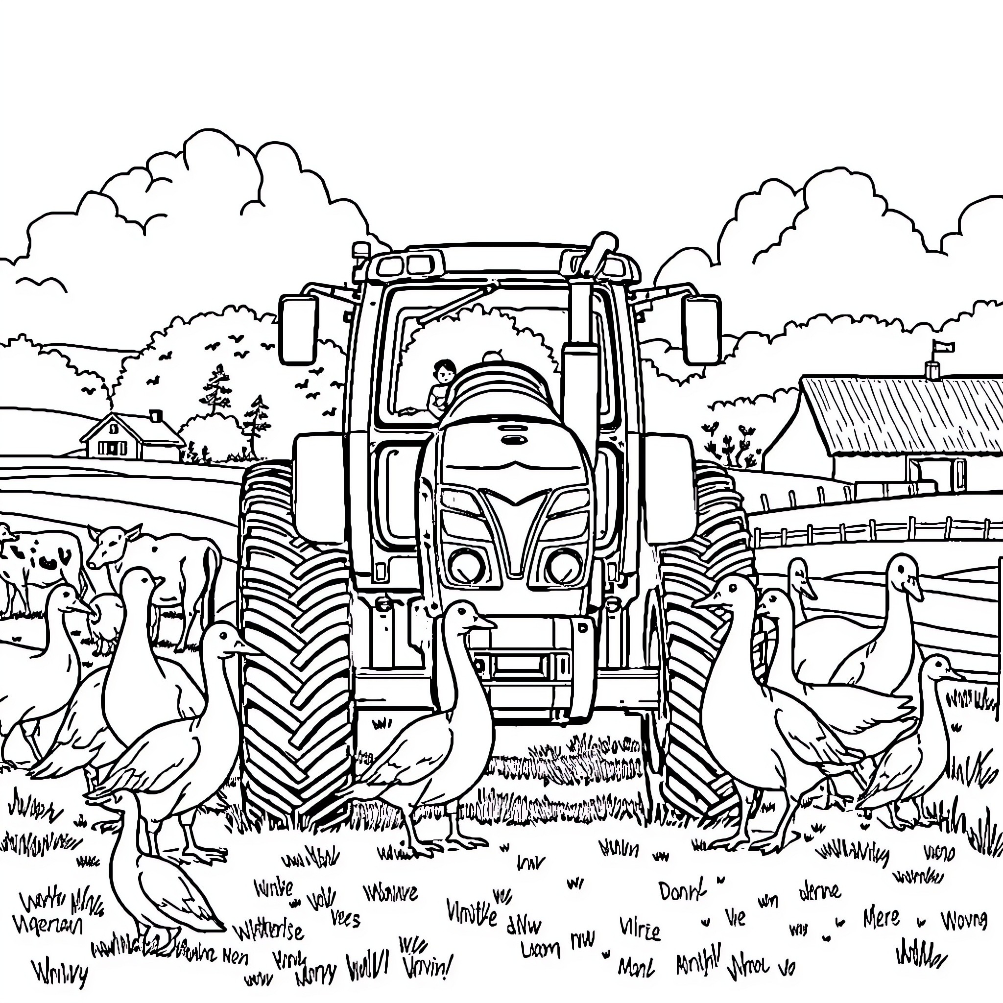 Tractor plowing through a rural farm scene Coloring Page (free black-and-white line drawing printable PDF for all, from beginners to advanced learners, including children, teens, adults, and seniors)