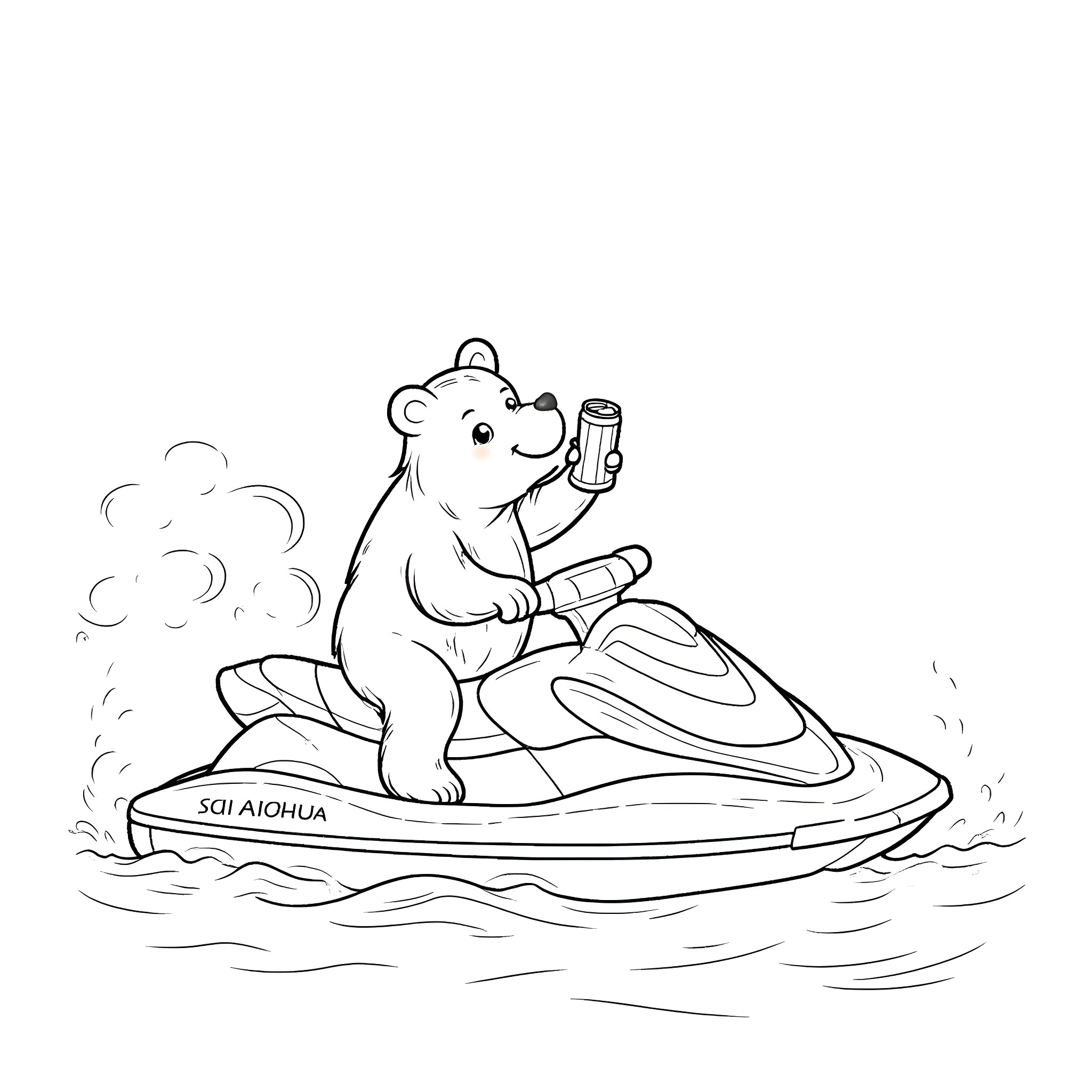 Bear riding jet ski in the water Coloring Page (free black-and-white line drawing printable PDF for all, from beginners to advanced learners, including children, teens, adults, and seniors)