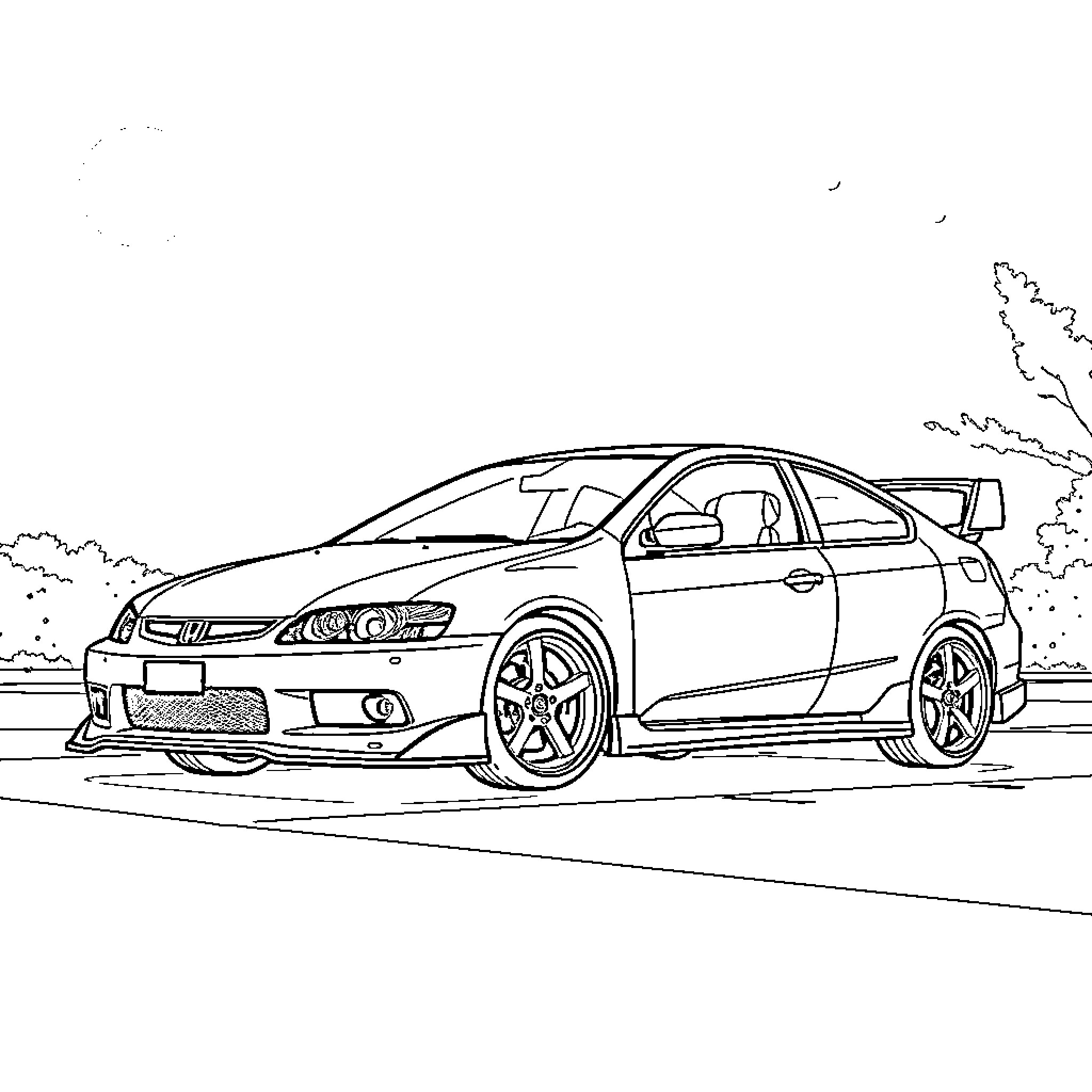 Honda Civic speeding through a rural landscape Coloring Page (free black-and-white line drawing printable PDF for all, from beginners to advanced learners, including children, teens, adults, and seniors)
