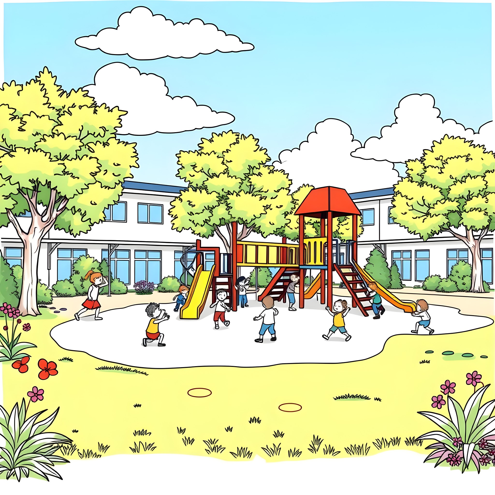 Child playing joyfully on a playground near colorful houses Coloring Page (free black-and-white line drawing printable PDF for all, from beginners to advanced learners, including children, teens, adults, and seniors)