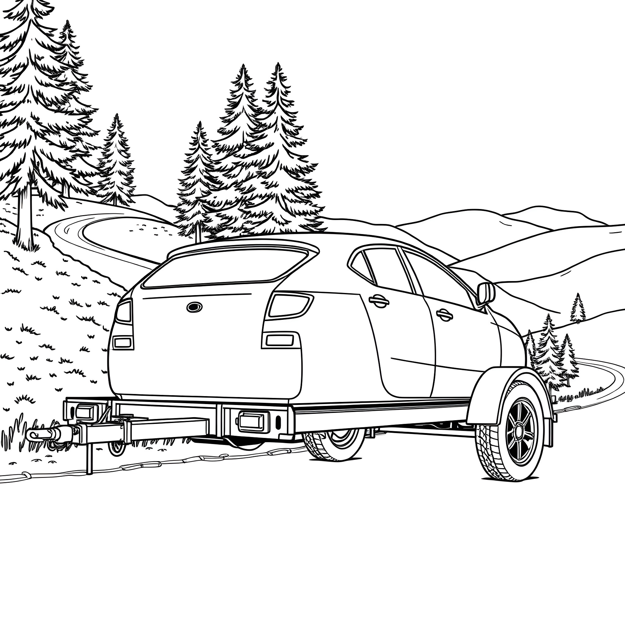 Car Trailer Touring Scenic Mountain Landscape Coloring Page (free black-and-white line drawing printable PDF for all, from beginners to advanced learners, including children, teens, adults, and seniors)