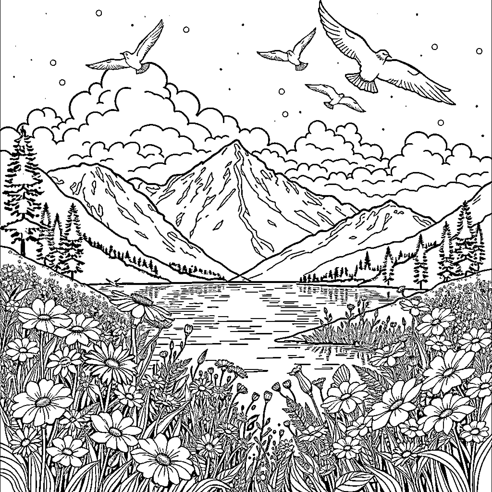 Lake in the Majestic Mountain Landscape Coloring Page (free black-and-white line drawing printable PDF for all, from beginners to advanced learners, including children, teens, adults, and seniors)