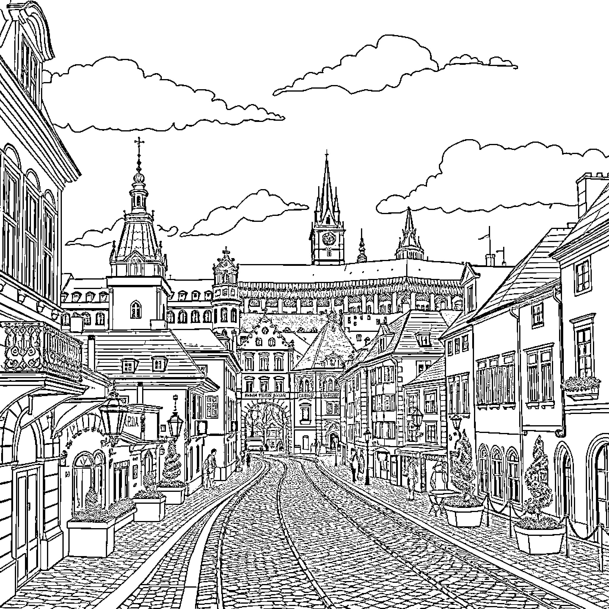 Prague street scene with historic buildings and architecture Coloring Page (free black-and-white line drawing printable PDF for all, from beginners to advanced learners, including children, teens, adults, and seniors)