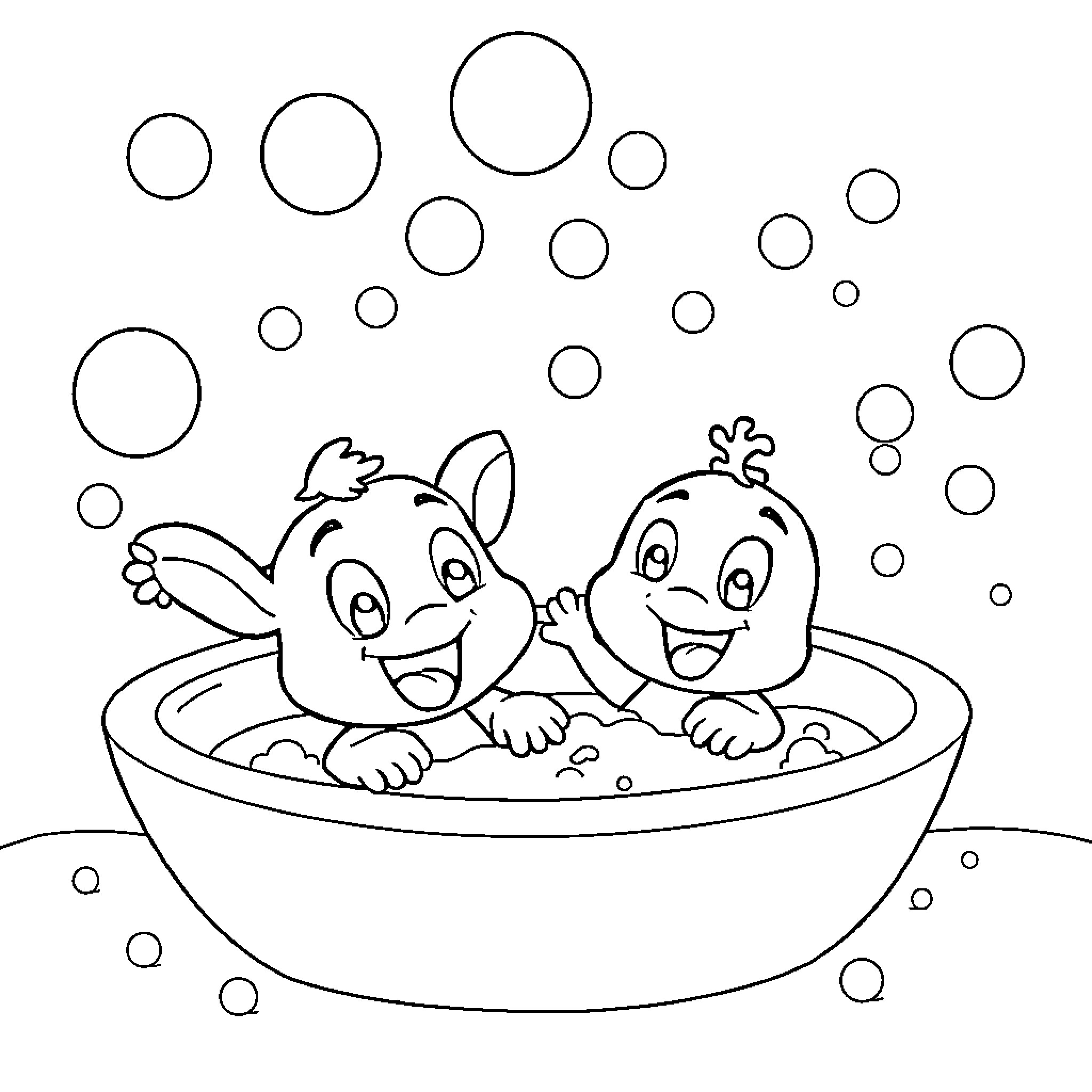 Bluey and sibling playing in bubbly tub Coloring Page (free black-and-white line drawing printable PDF for all, from beginners to advanced learners, including children, teens, adults, and seniors)