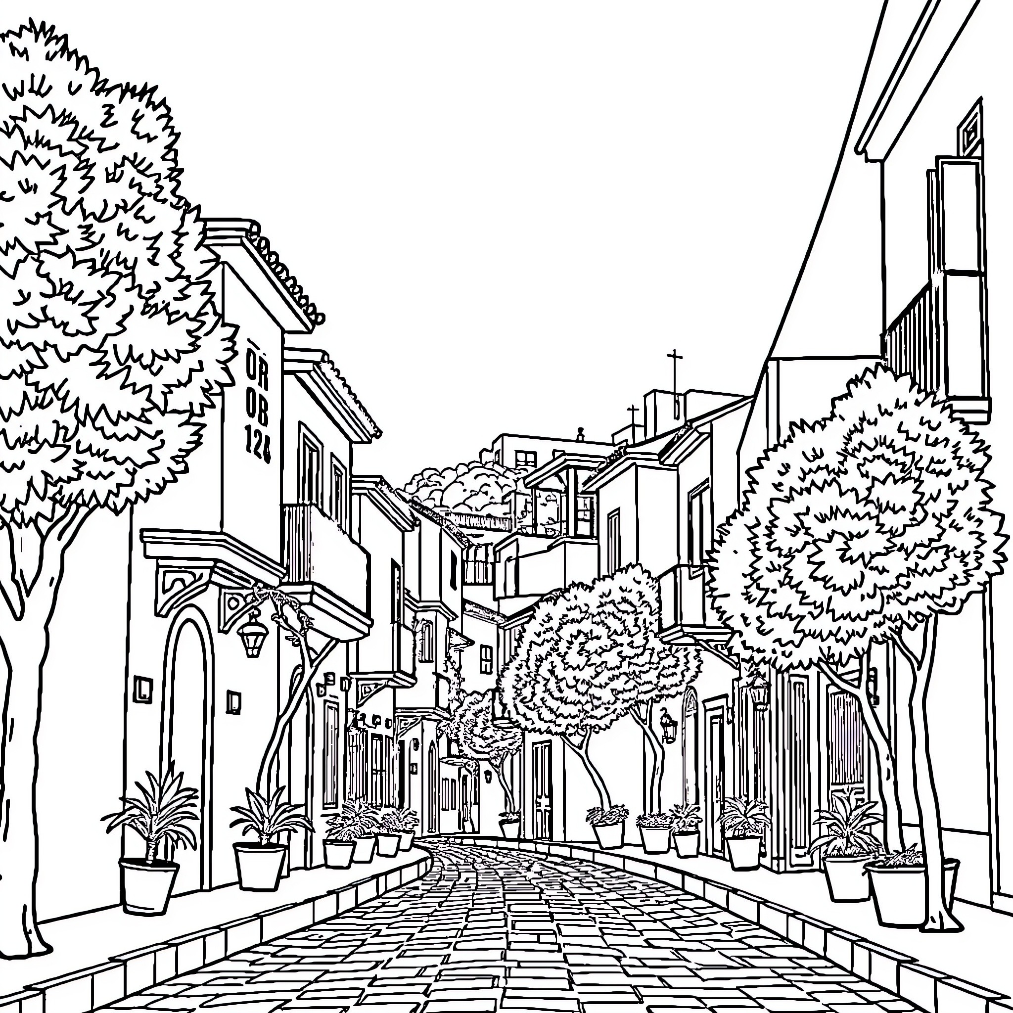 Street Scene of an Old Town with Buildings and Vegetation Coloring Page (free black-and-white line drawing printable PDF for all, from beginners to advanced learners, including children, teens, adults, and seniors)