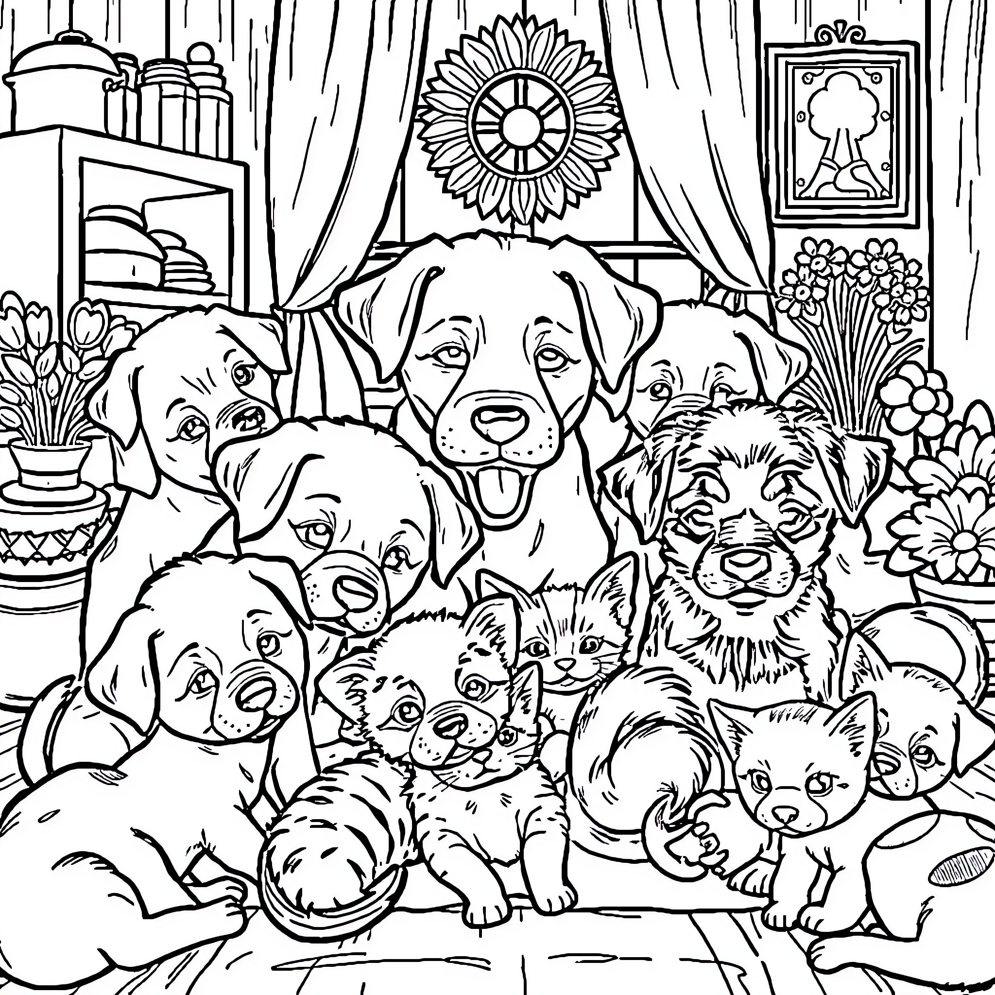 Puppy and Kitten Playing in a Cozy Home Coloring Page (free black-and-white line drawing printable PDF for all, from beginners to advanced learners, including children, teens, adults, and seniors)