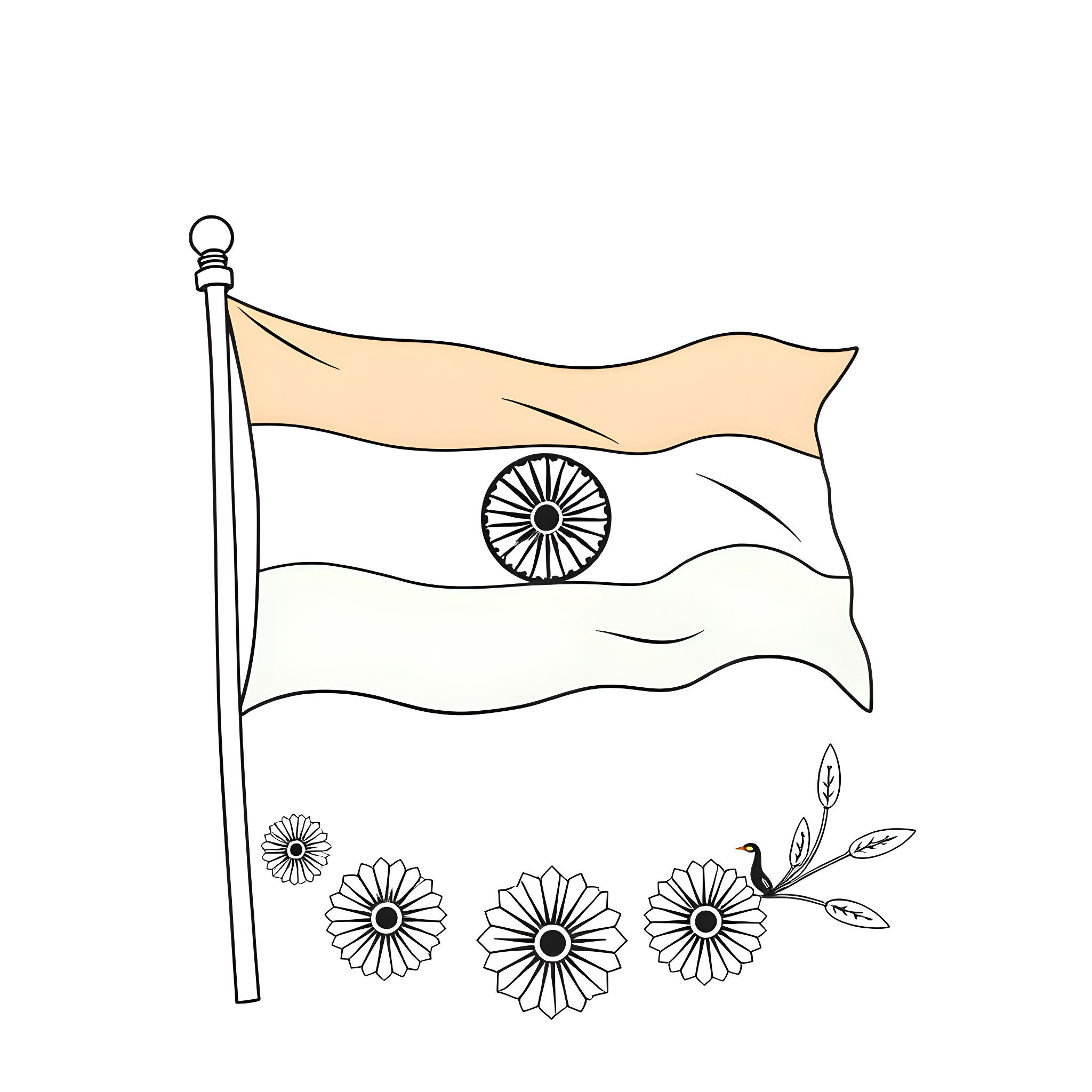 Flag of India with floral decorations Coloring Page (free black-and-white line drawing printable PDF for all, from beginners to advanced learners, including children, teens, adults, and seniors)