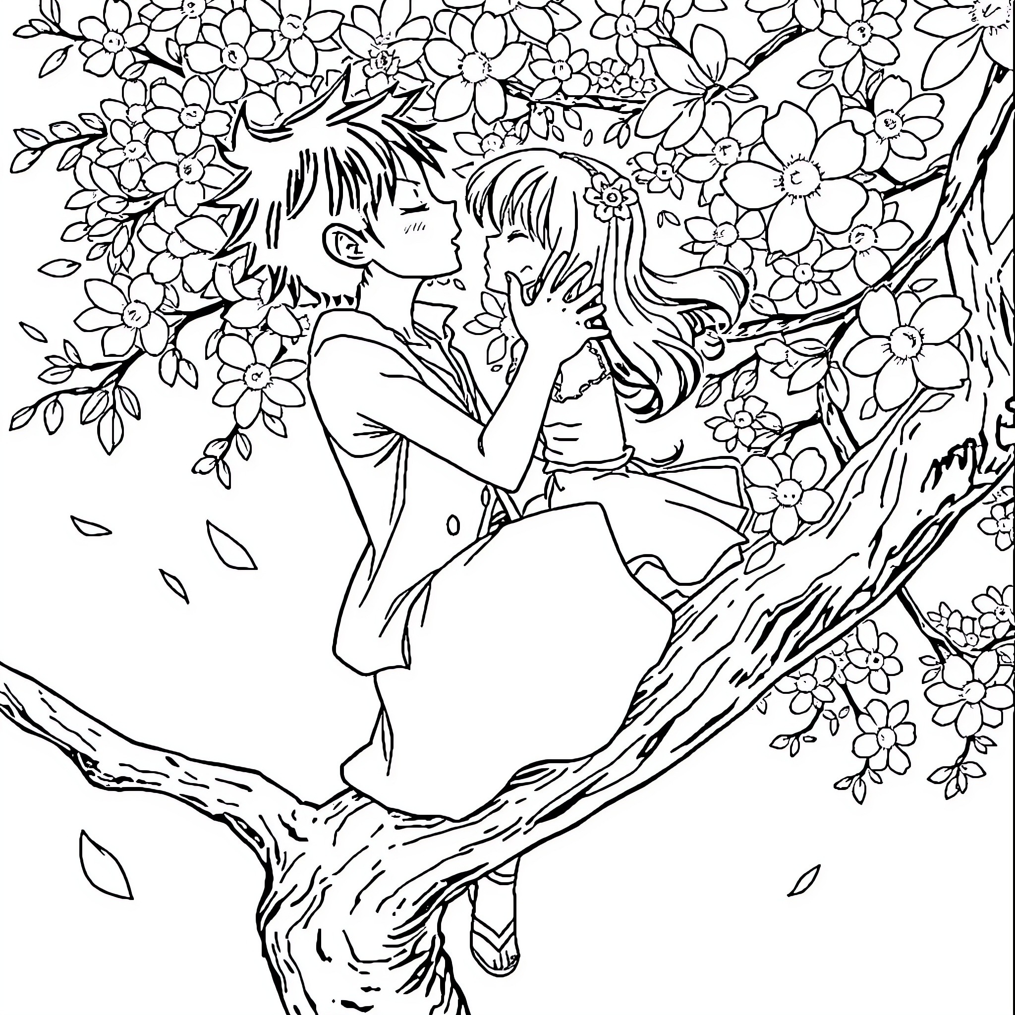 Luffy's Whimsical Adventure in the Floral Wonderland Coloring Page (free black-and-white line drawing printable PDF for all, from beginners to advanced learners, including children, teens, adults, and seniors)
