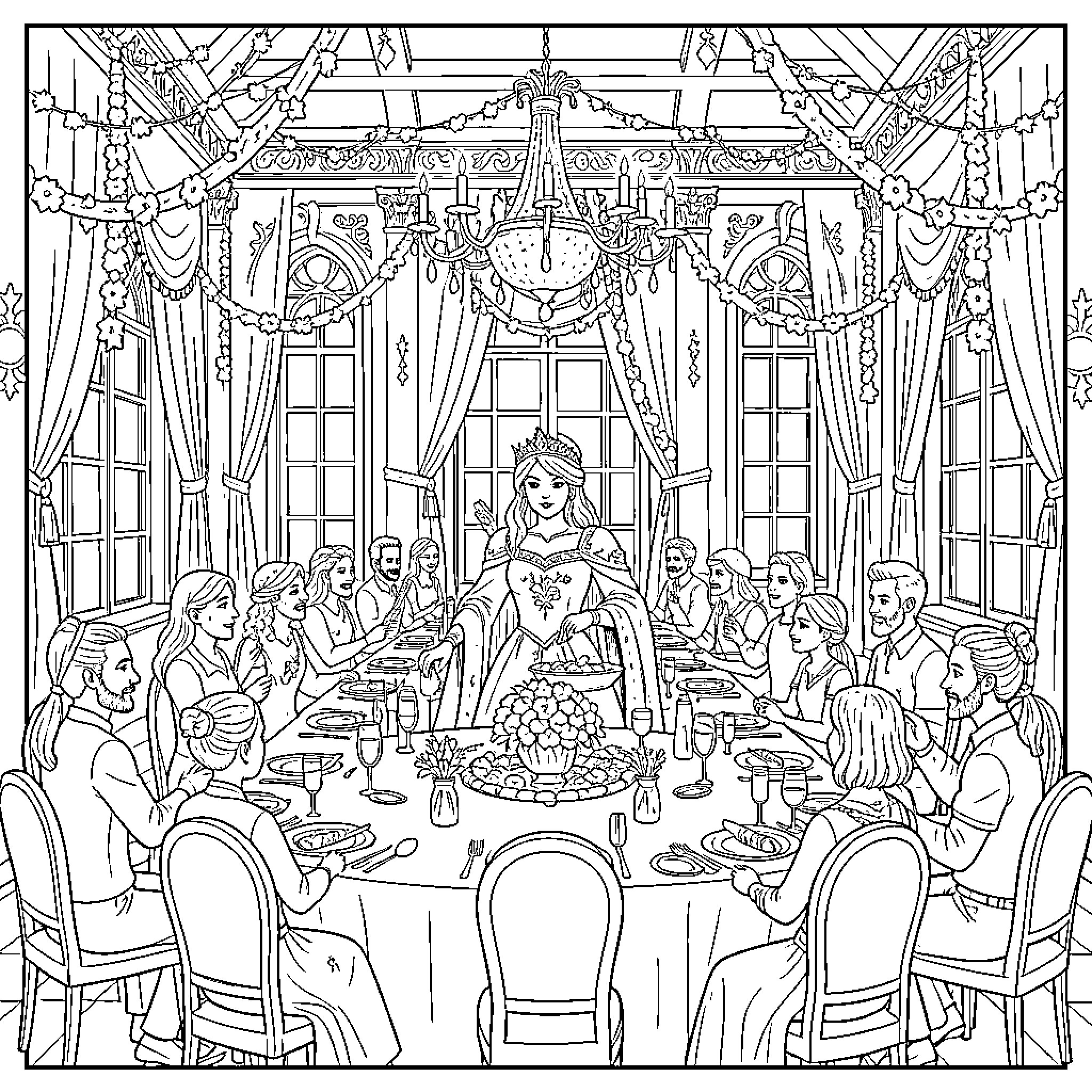 Queen hosting a grand banquet for her royal guests Coloring Page (free black-and-white line drawing printable PDF for all, from beginners to advanced learners, including children, teens, adults, and seniors)