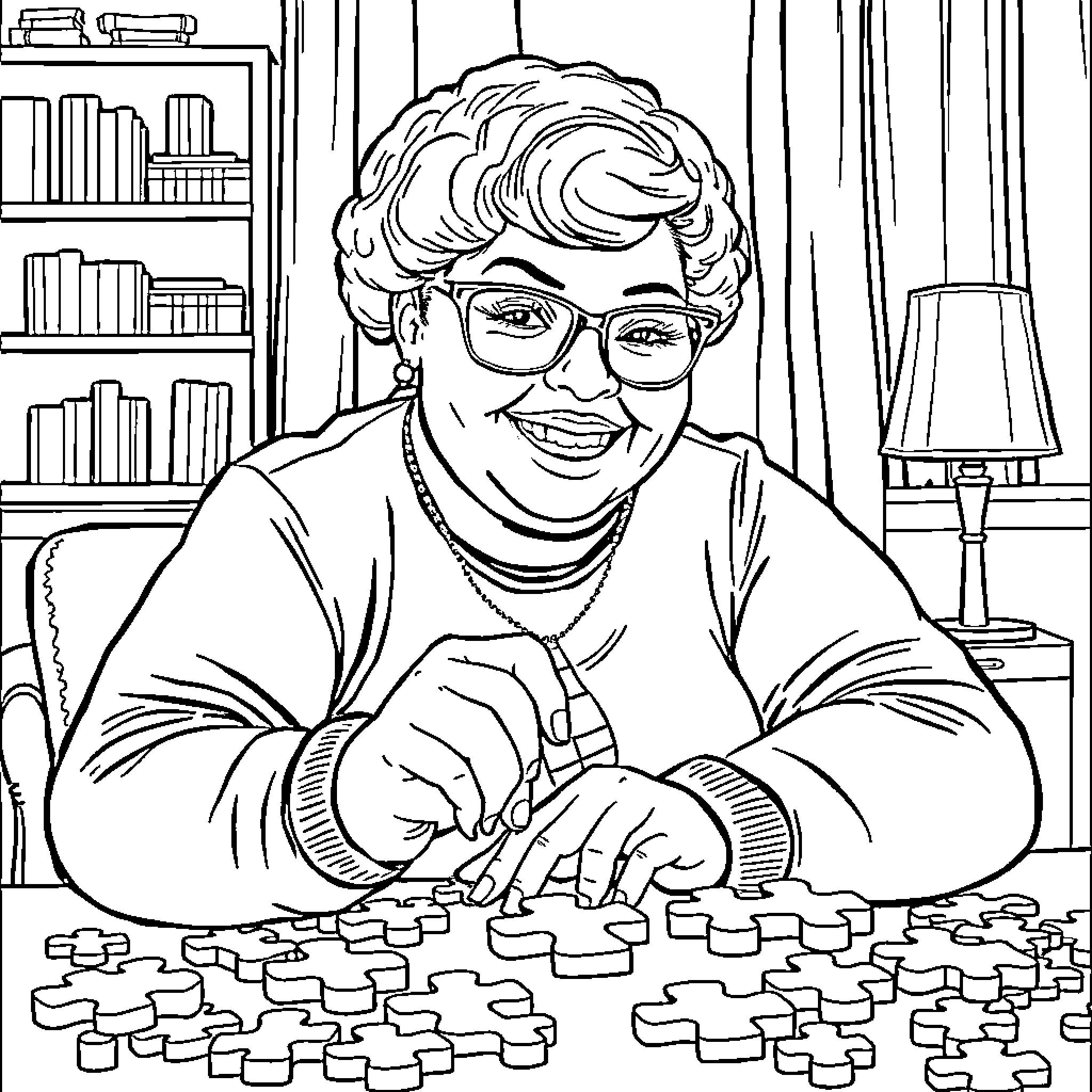 Woman working on a puzzle in her study Coloring Page (free black-and-white line drawing printable PDF for all, from beginners to advanced learners, including children, teens, adults, and seniors)