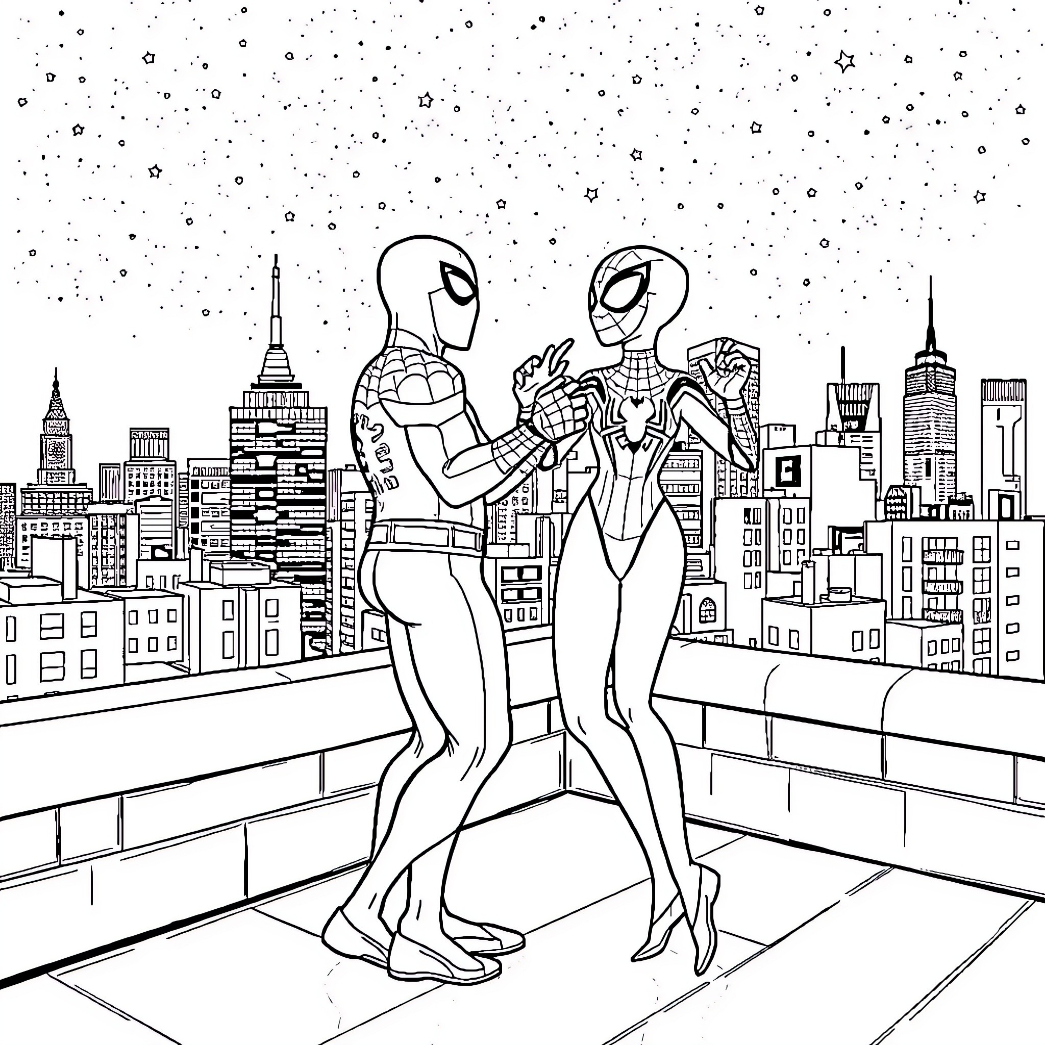 Spider-Man heroes on a rooftop against city skyline Coloring Page (free black-and-white line drawing printable PDF for all, from beginners to advanced learners, including children, teens, adults, and seniors)