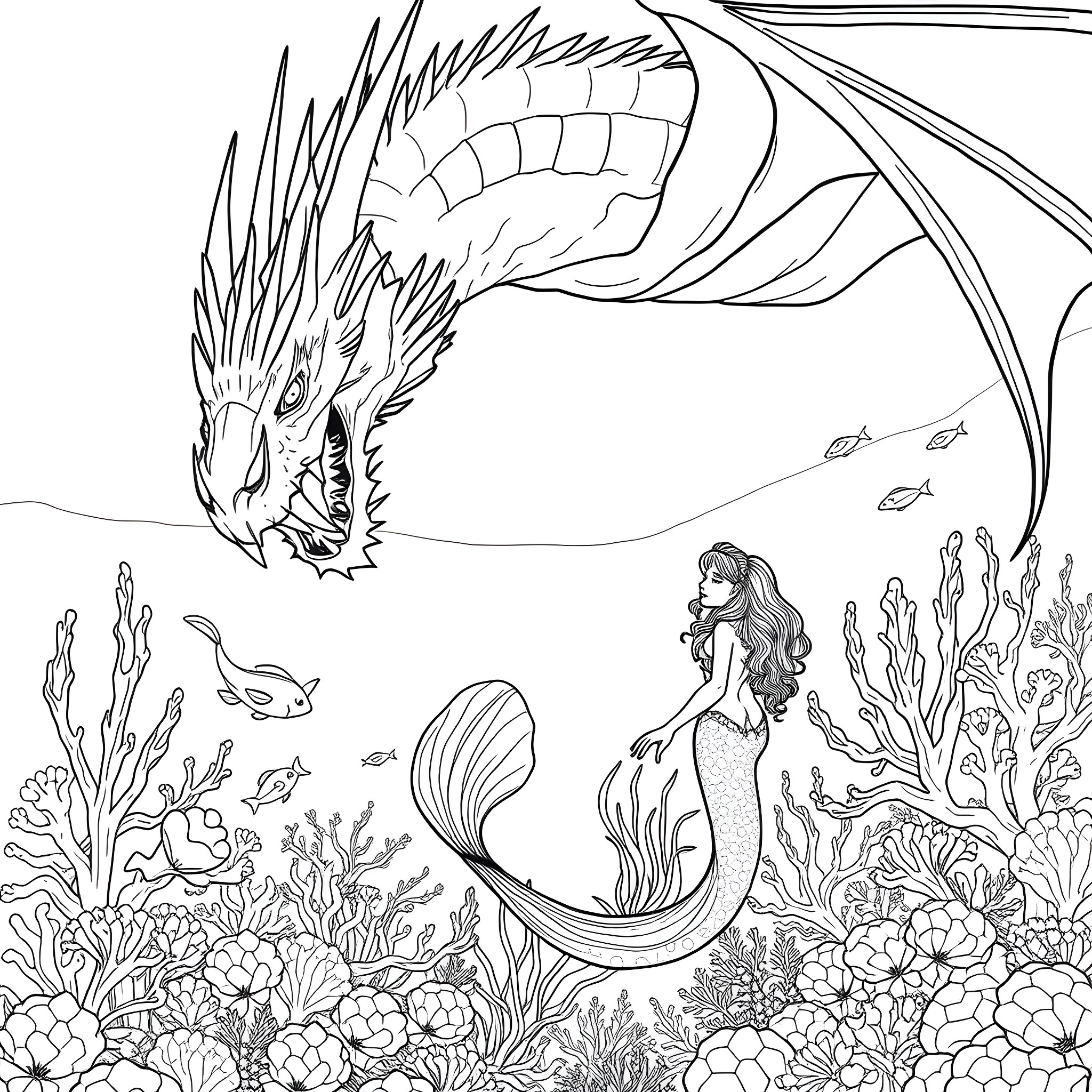 Dragon guarding the underwater kingdom of the mermaid Coloring Page (free black-and-white line drawing printable PDF for all, from beginners to advanced learners, including children, teens, adults, and seniors)