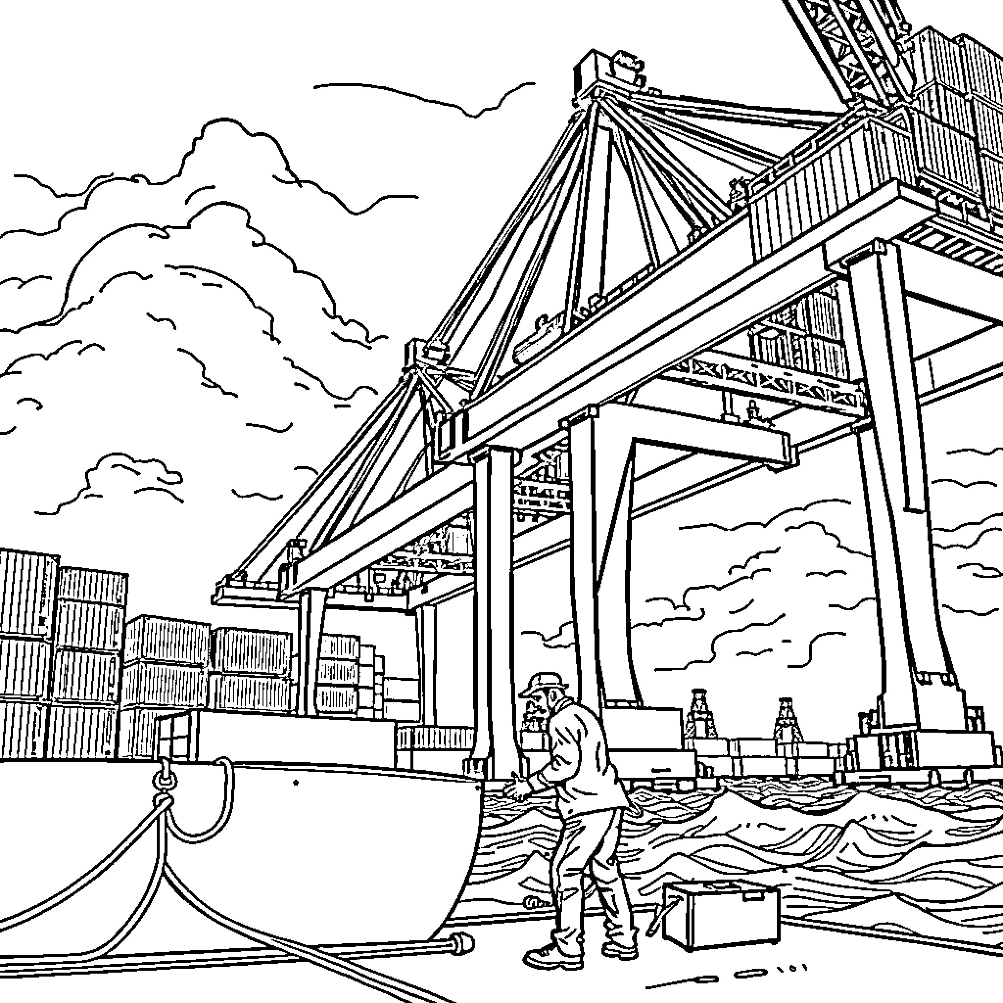 Longshoreman working at a busy port Coloring Page (free black-and-white line drawing printable PDF for all, from beginners to advanced learners, including children, teens, adults, and seniors)