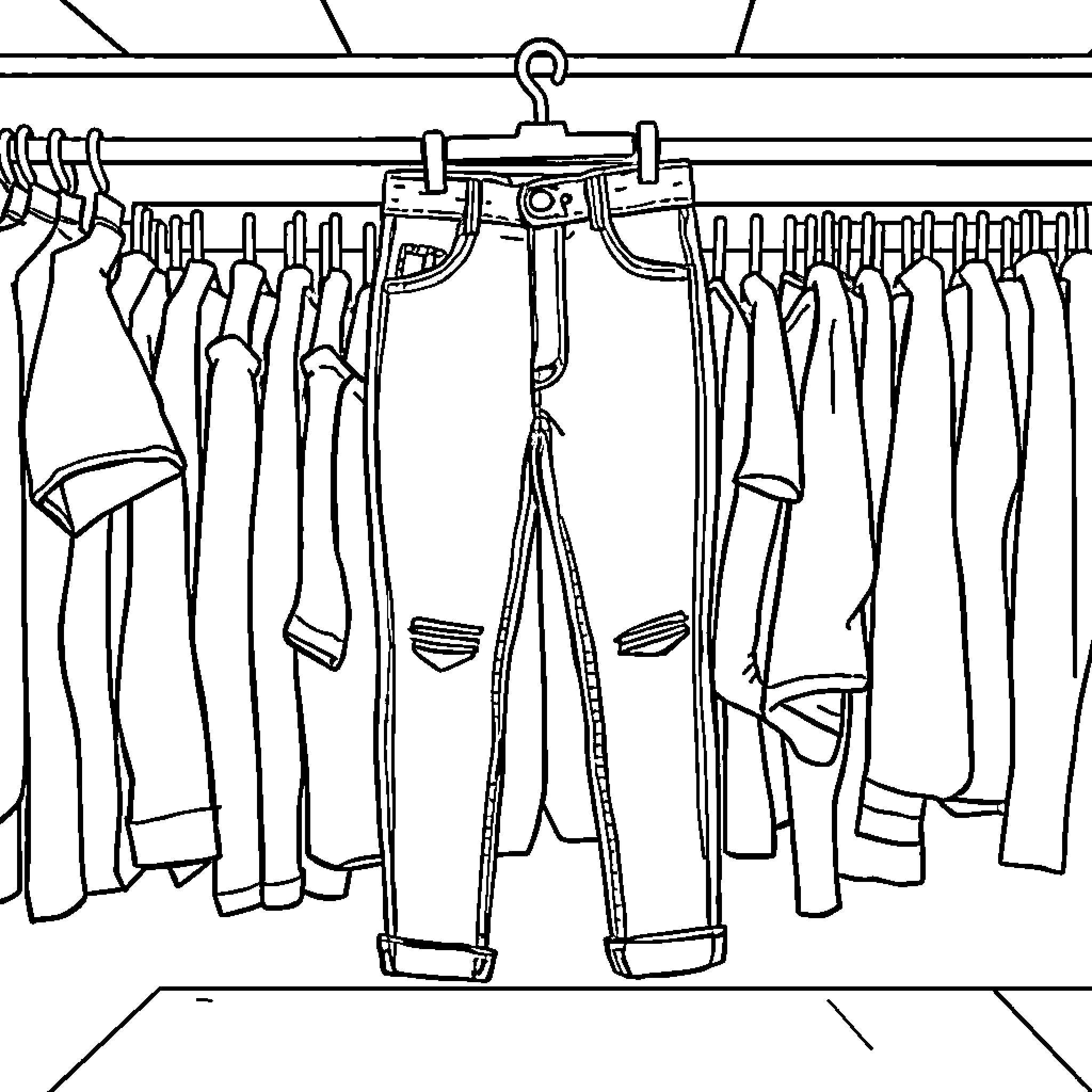 Jeans and casual clothes hanging in a closet Coloring Page (free black-and-white line drawing printable PDF for all, from beginners to advanced learners, including children, teens, adults, and seniors)