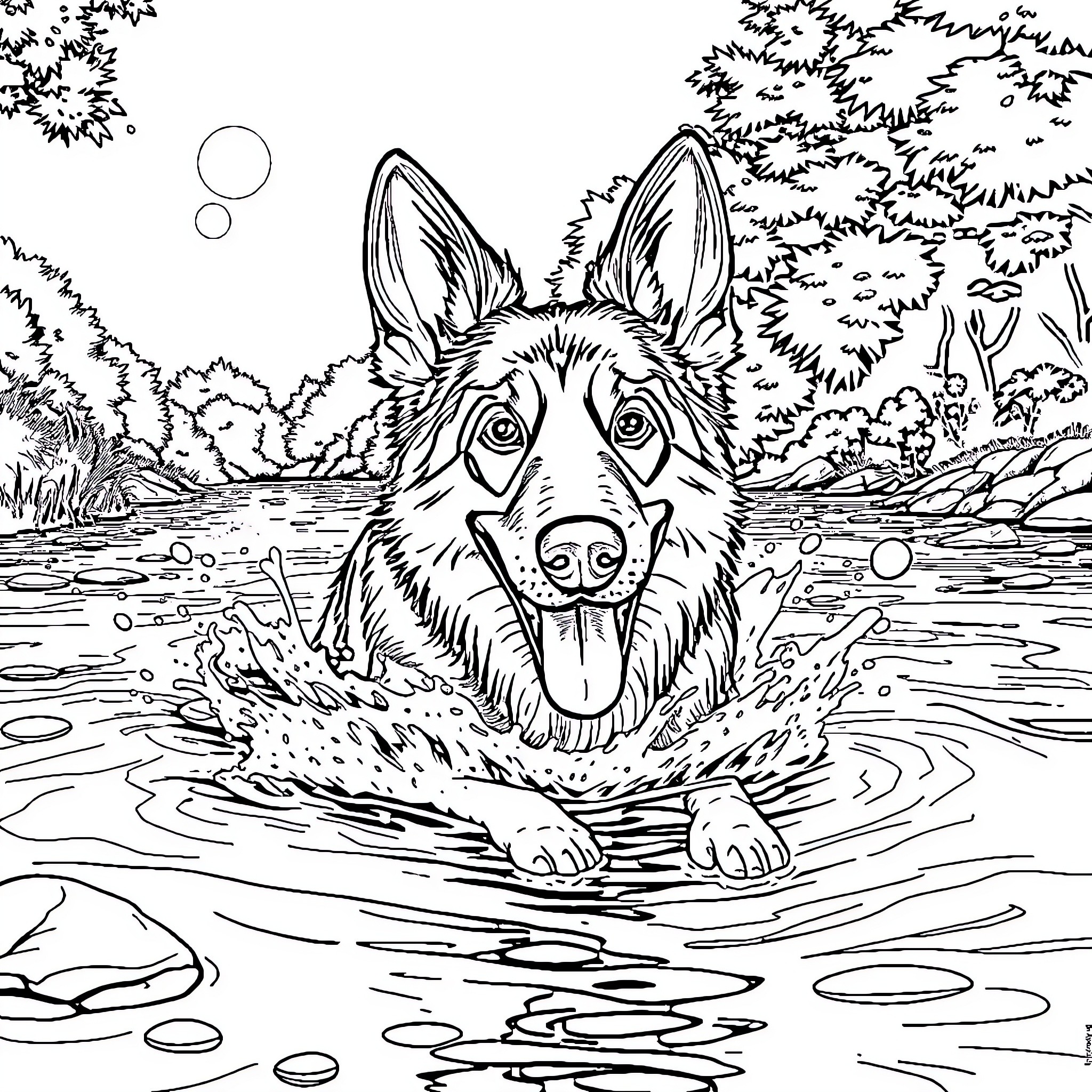 German Shepherd swimming in a serene forest pond Coloring Page (free black-and-white line drawing printable PDF for all, from beginners to advanced learners, including children, teens, adults, and seniors)