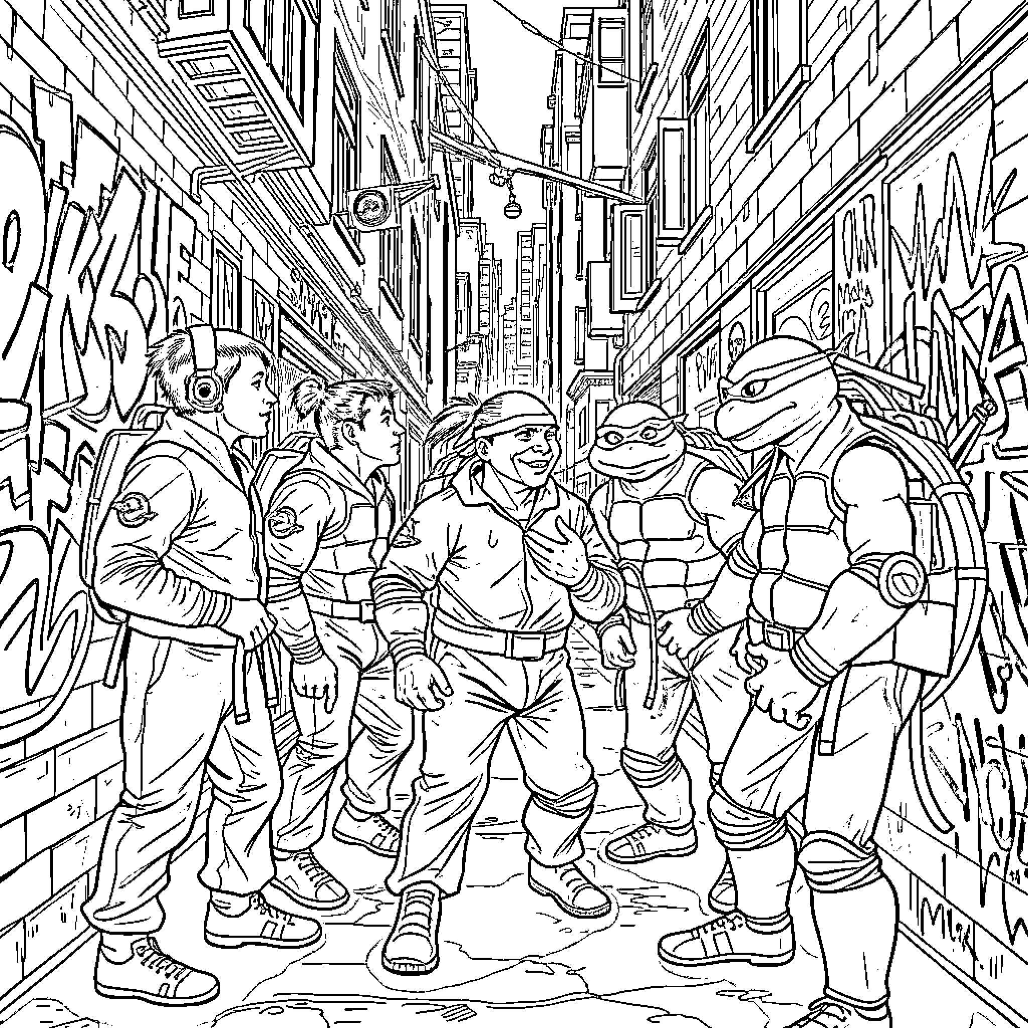 Ghostbusters fight supernatural forces in the city streets Coloring Page (free black-and-white line drawing printable PDF for all, from beginners to advanced learners, including children, teens, adults, and seniors)