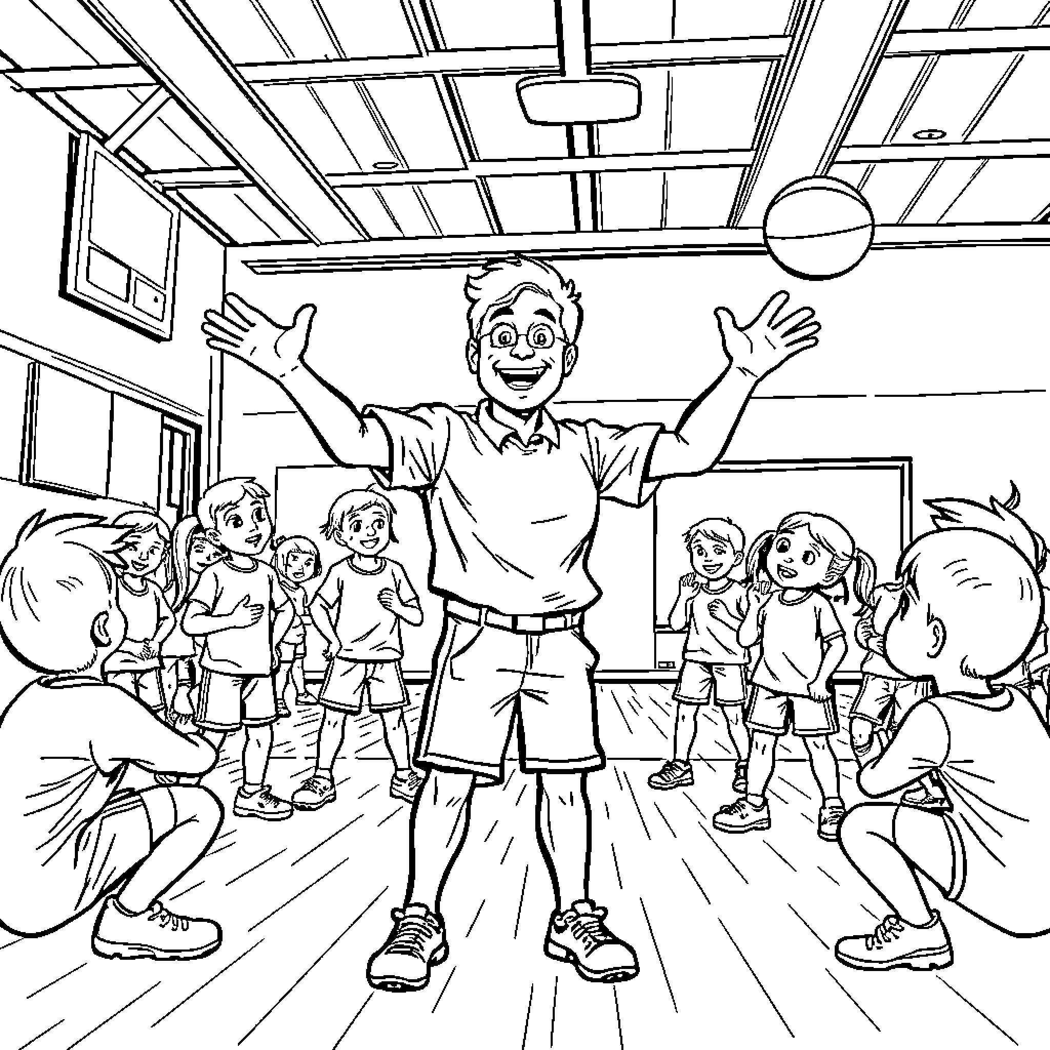 Teacher Engaging Students with Enthusiasm in Classroom Coloring Page (free black-and-white line drawing printable PDF for all, from beginners to advanced learners, including children, teens, adults, and seniors)