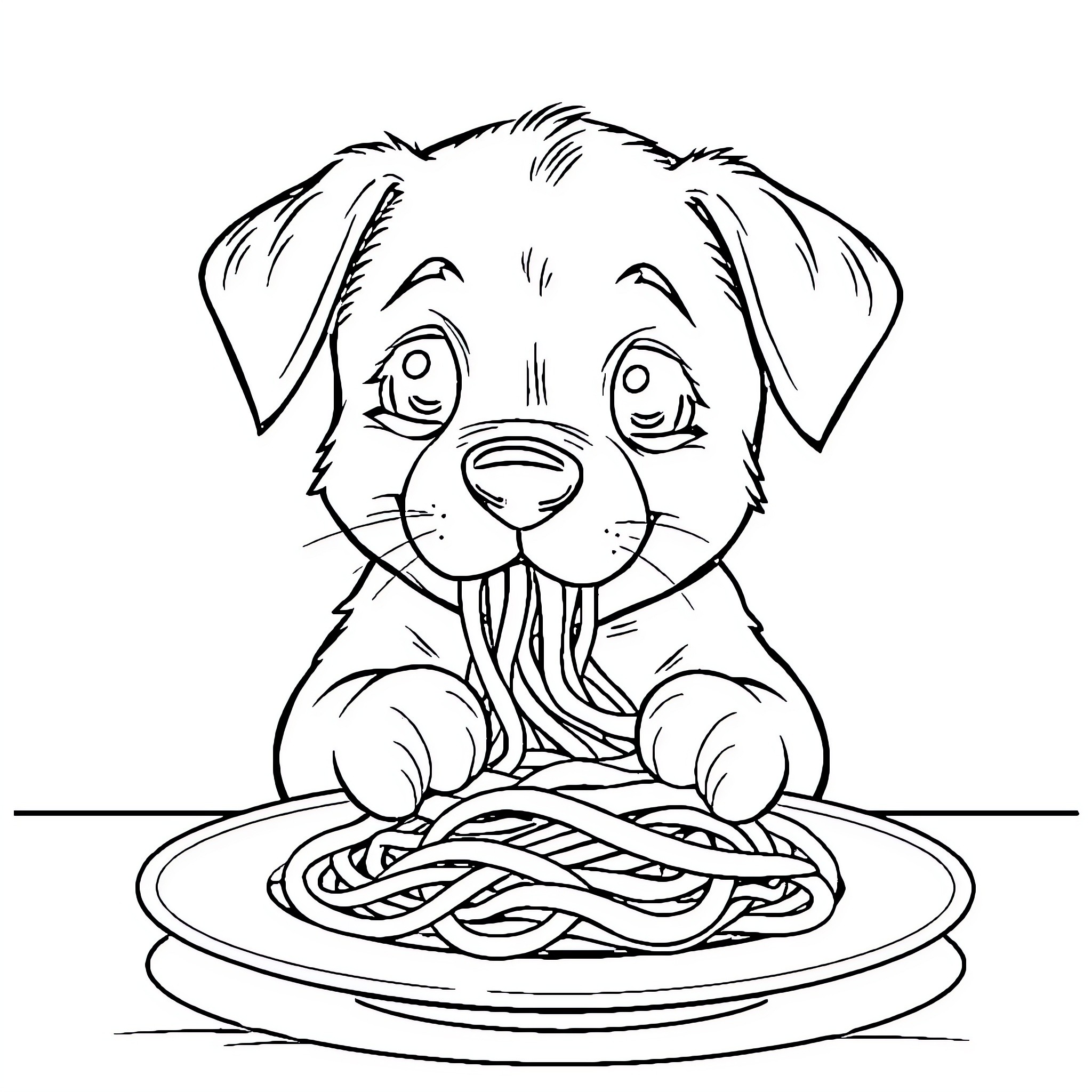 Puppy playing with spaghetti Coloring Page (free black-and-white line drawing printable PDF for all, from beginners to advanced learners, including children, teens, adults, and seniors)