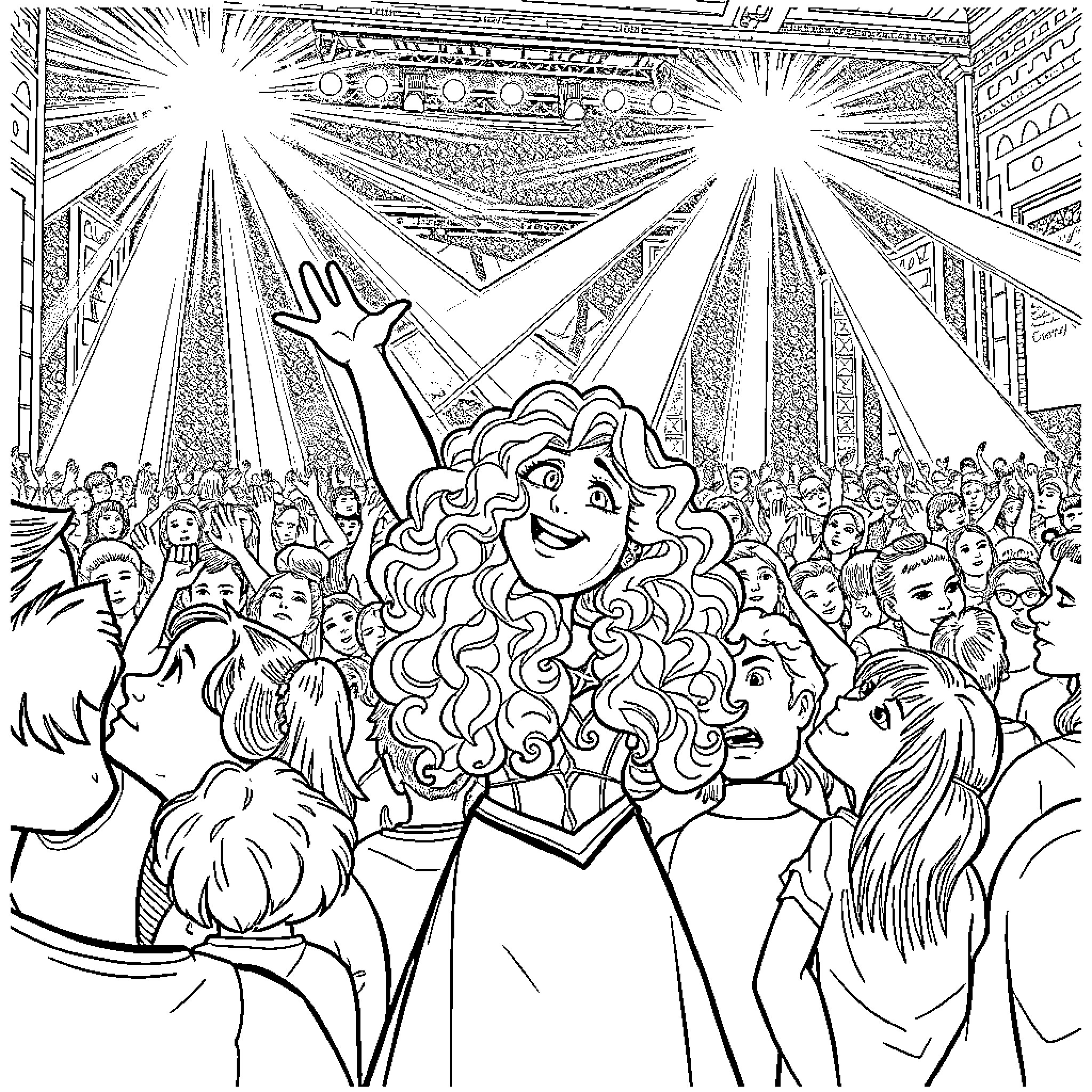 Merida performing on stage with adoring crowd Coloring Page (free black-and-white line drawing printable PDF for all, from beginners to advanced learners, including children, teens, adults, and seniors)