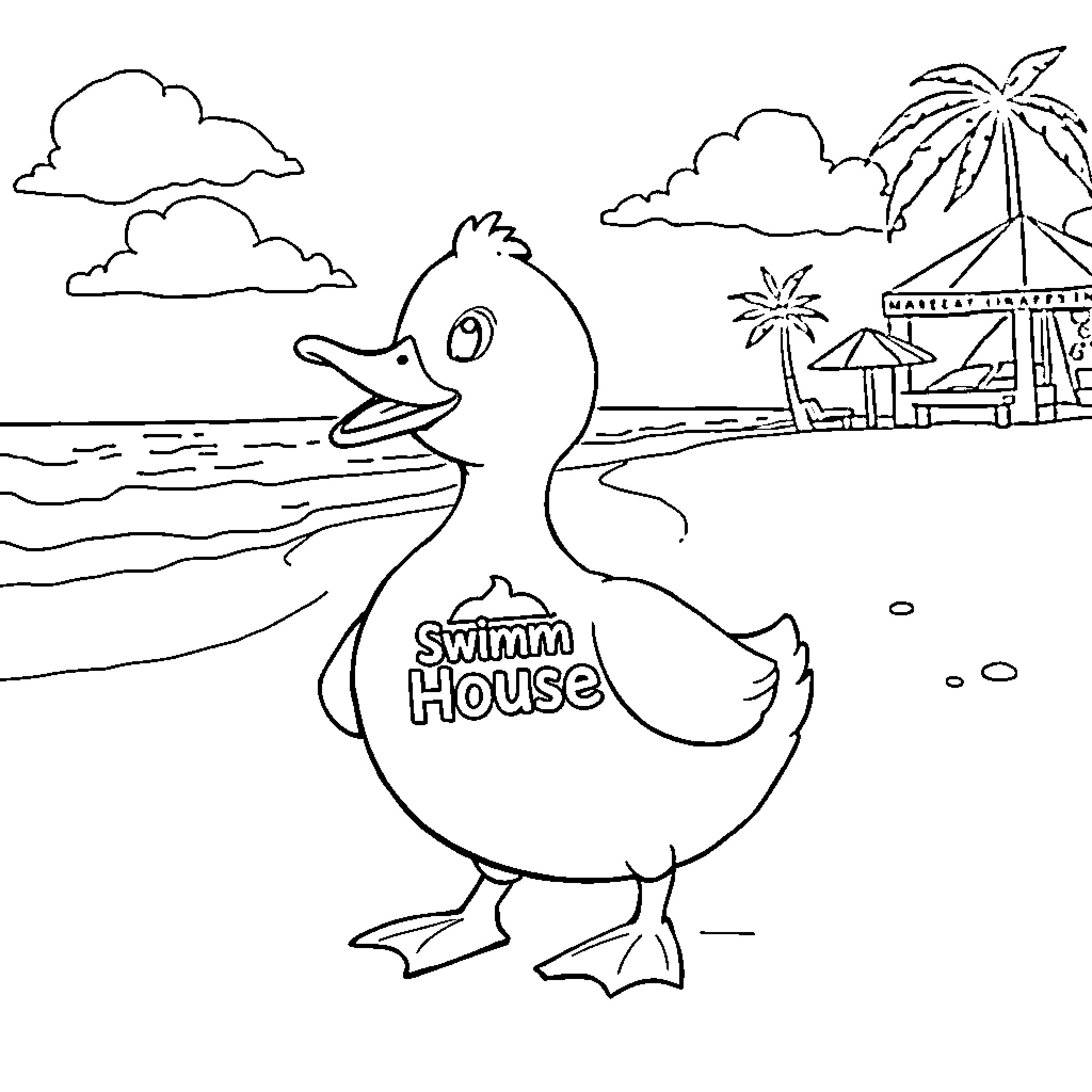 Duck relaxing at the Swim House by the beach Coloring Page (free black-and-white line drawing printable PDF for all, from beginners to advanced learners, including children, teens, adults, and seniors)