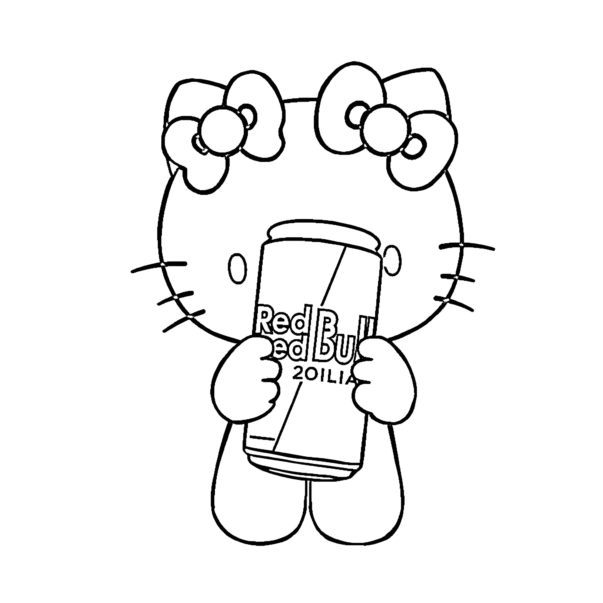 Hello Kitty holding a Red Bull can Coloring Page (free black-and-white line drawing printable PDF for all, from beginners to advanced learners, including children, teens, adults, and seniors)