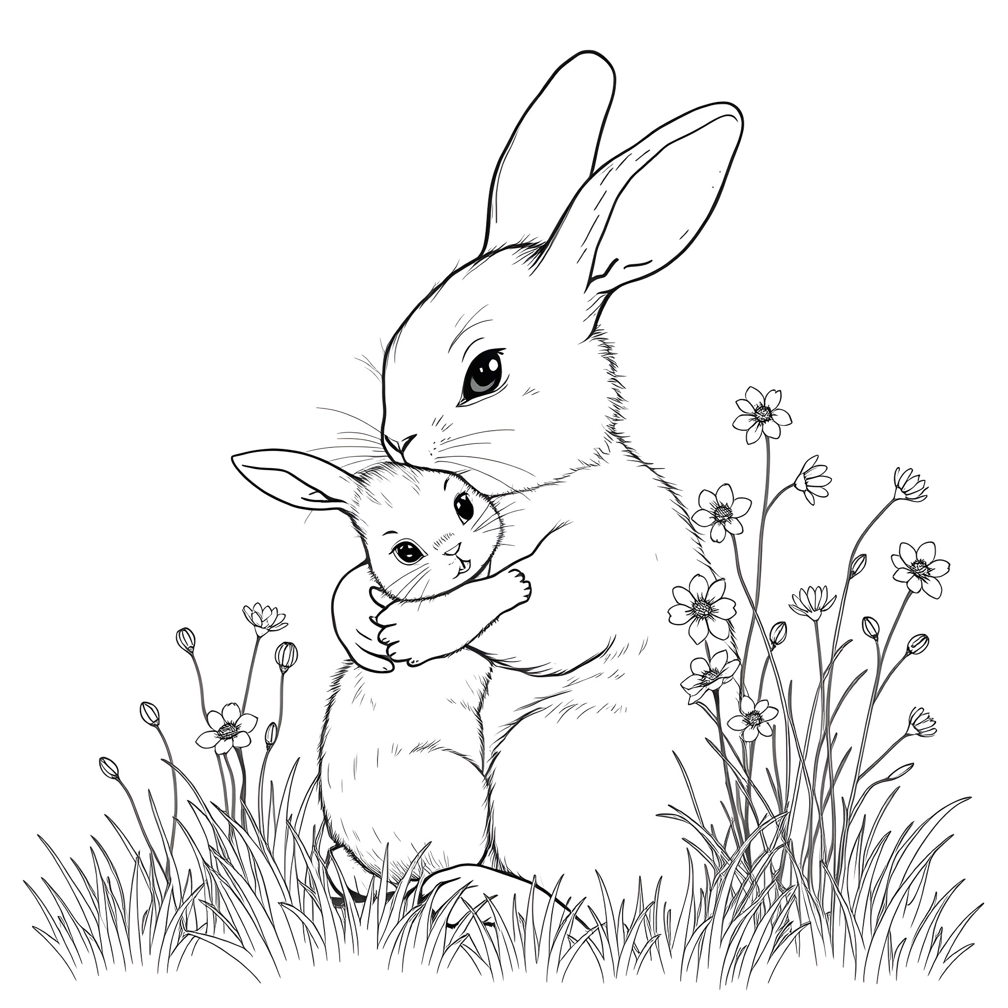 Rabbit and baby rabbit in a floral meadow Coloring Page (free black-and-white line drawing printable PDF for all, from beginners to advanced learners, including children, teens, adults, and seniors)