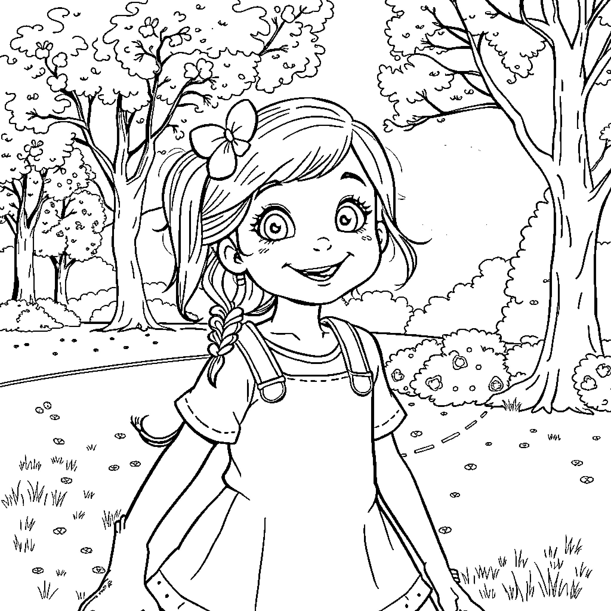 Brielle's Outdoor Adventure Coloring Page (free black-and-white line drawing printable PDF for all, from beginners to advanced learners, including children, teens, adults, and seniors)