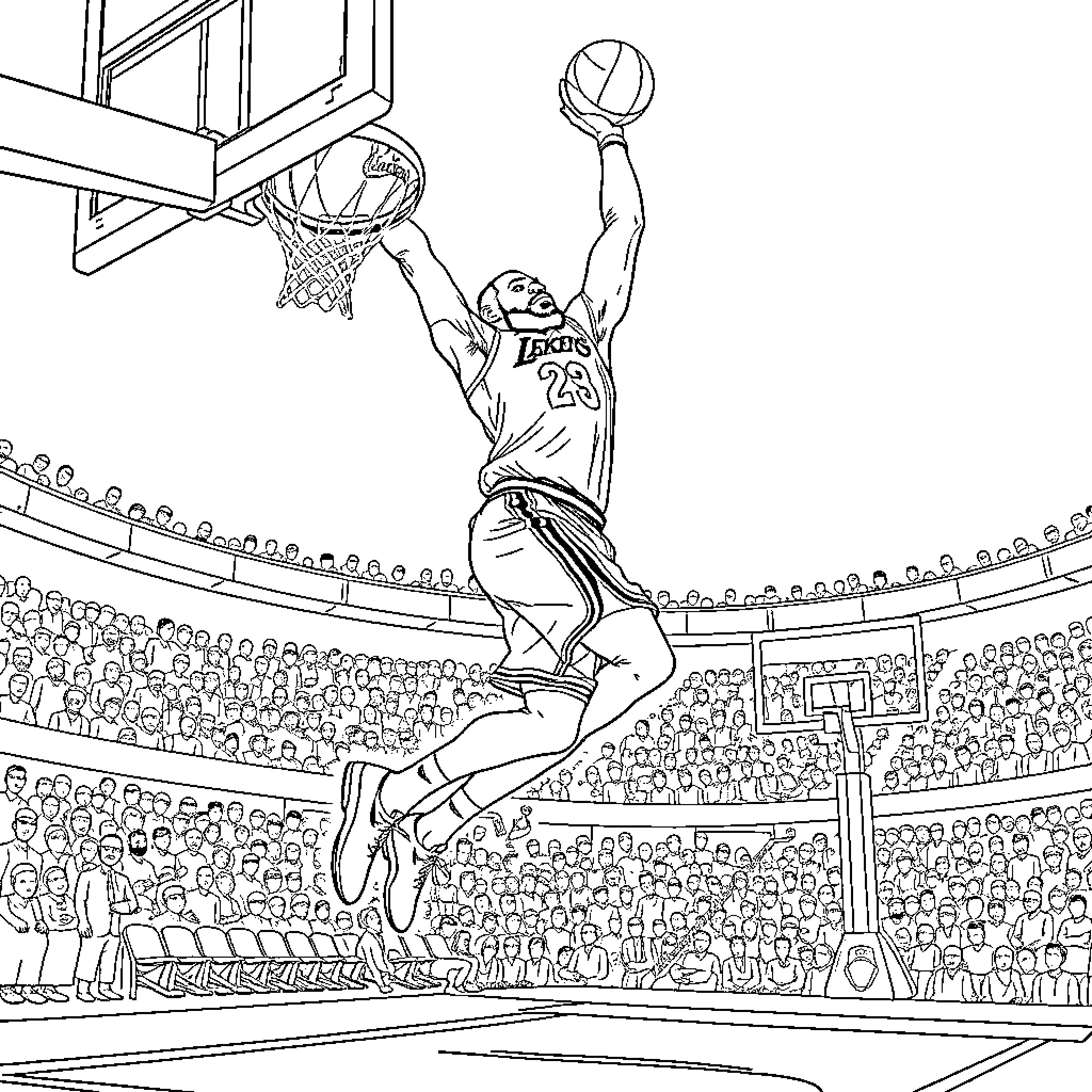 LeBron Soaring for a Slam Dunk in Basketball Arena Coloring Page (free black-and-white line drawing printable PDF for all, from beginners to advanced learners, including children, teens, adults, and seniors)