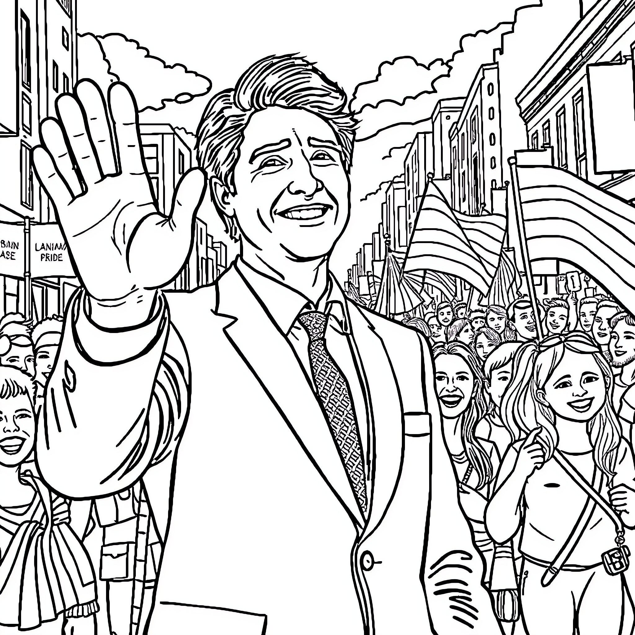 Justin Trudeau addressing a cheerful crowd Coloring Page (free black-and-white line drawing printable PDF for all, from beginners to advanced learners, including children, teens, adults, and seniors)