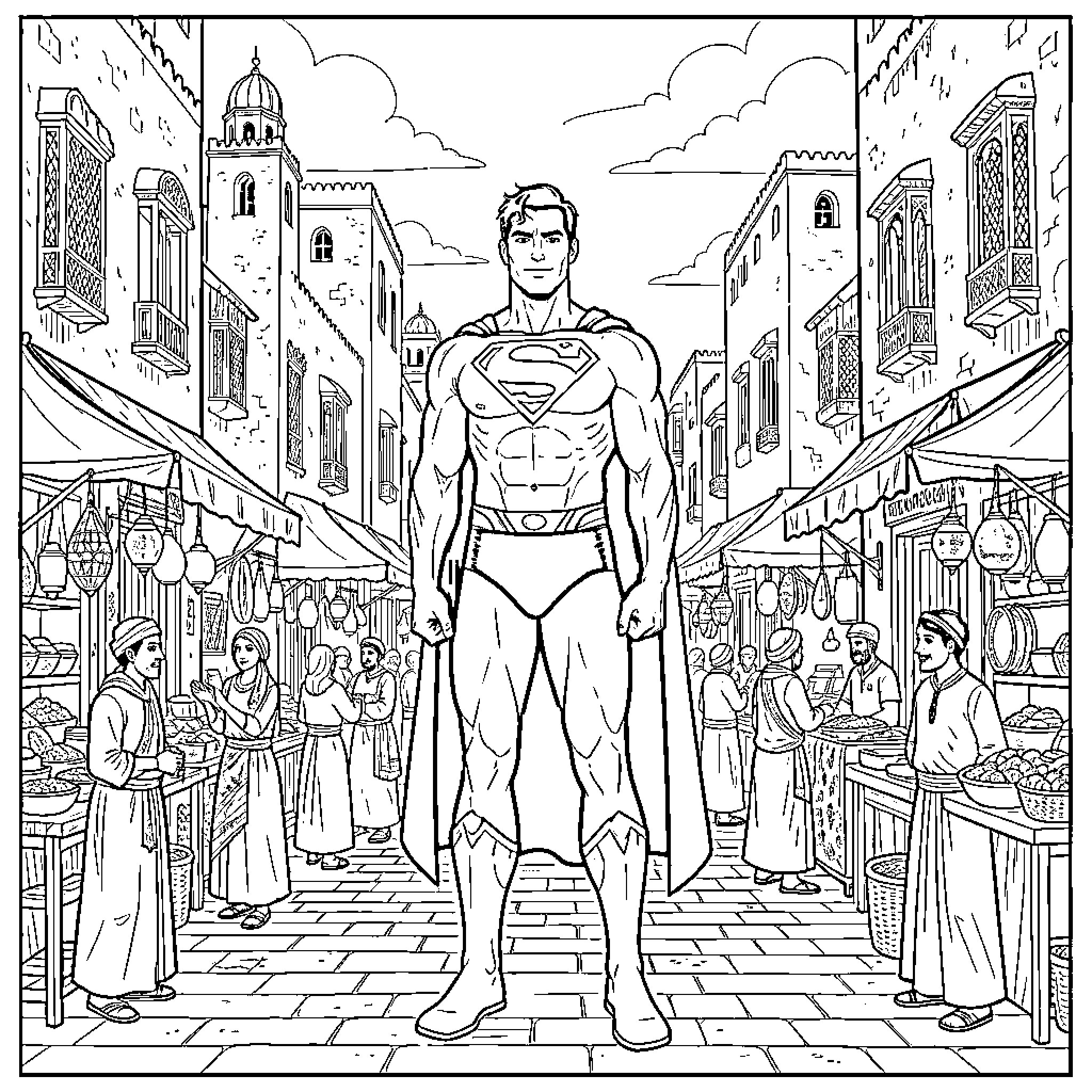 Superman standing heroically in a busy marketplace scene Coloring Page (free black-and-white line drawing printable PDF for all, from beginners to advanced learners, including children, teens, adults, and seniors)