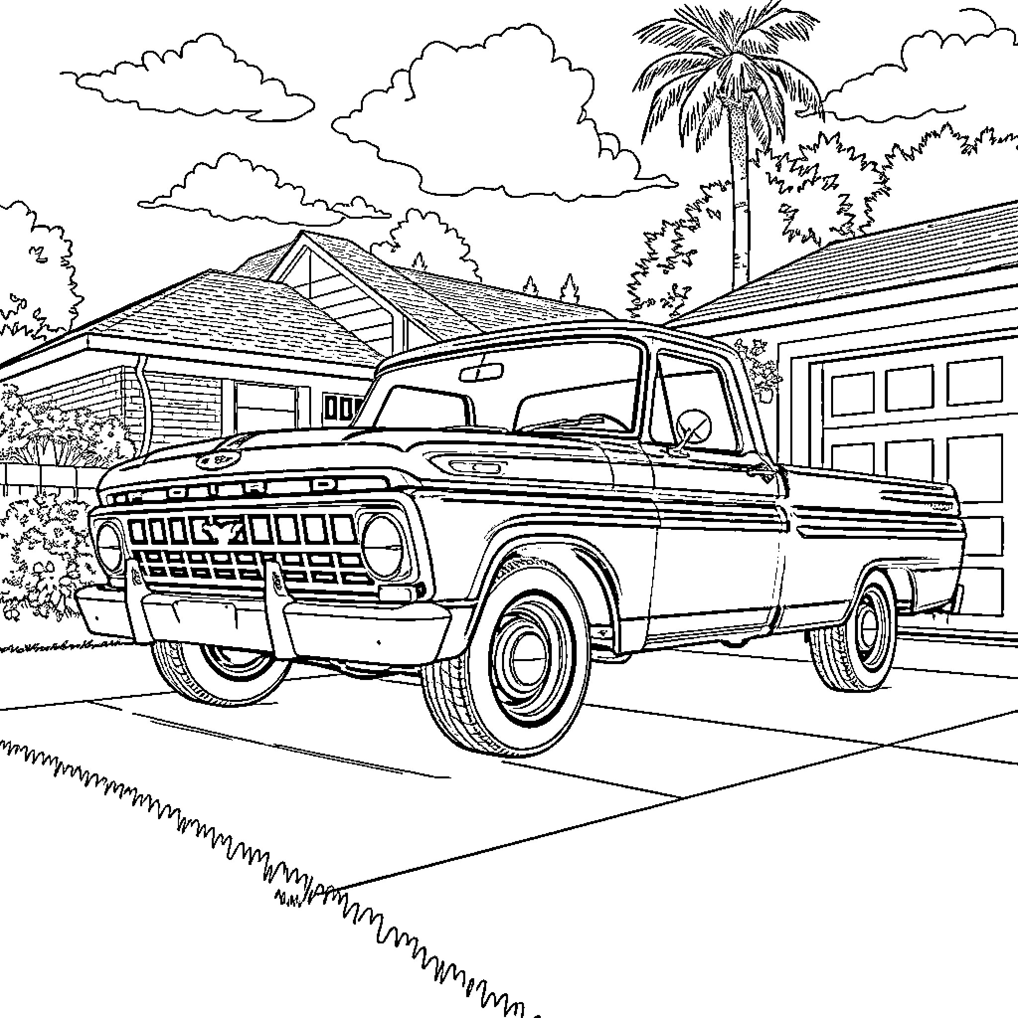 Ford F100 parked in front of tropical scenery Coloring Page (free black-and-white line drawing printable PDF for all, from beginners to advanced learners, including children, teens, adults, and seniors)