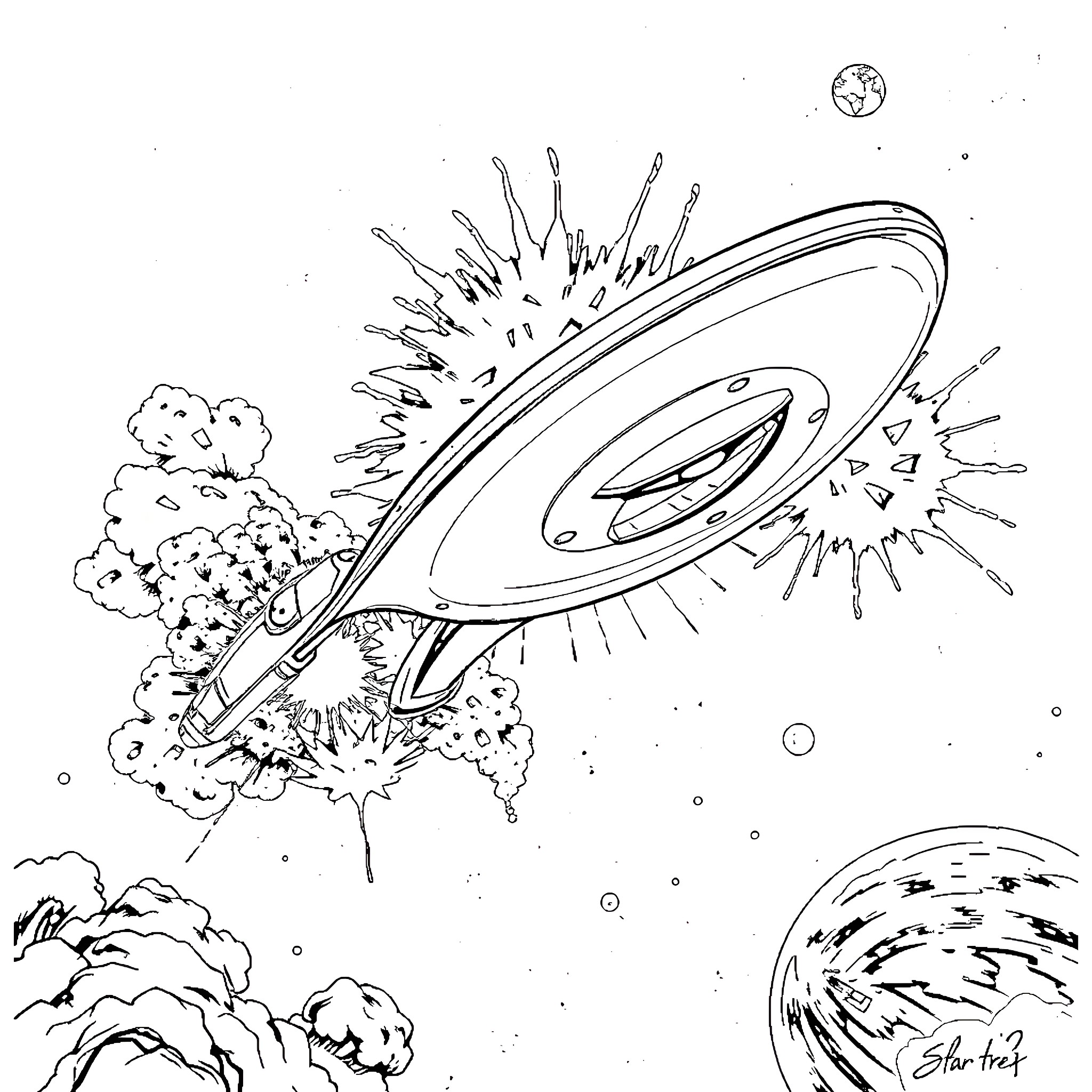 USS Enterprise exploring the cosmos Coloring Page (free black-and-white line drawing printable PDF for all, from beginners to advanced learners, including children, teens, adults, and seniors)