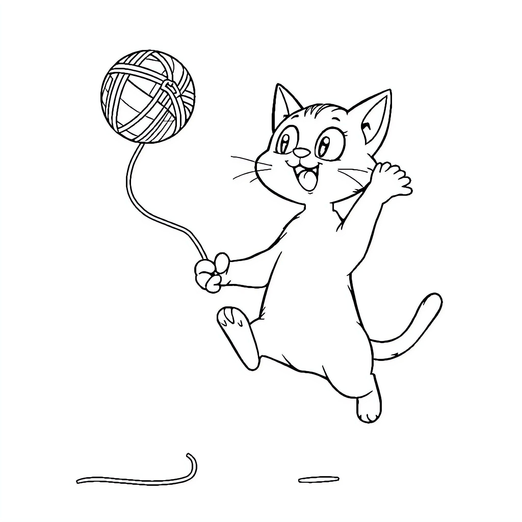 Cat playing with yarn ball excitedly Coloring Page (free black-and-white line drawing printable PDF for all, from beginners to advanced learners, including children, teens, adults, and seniors)