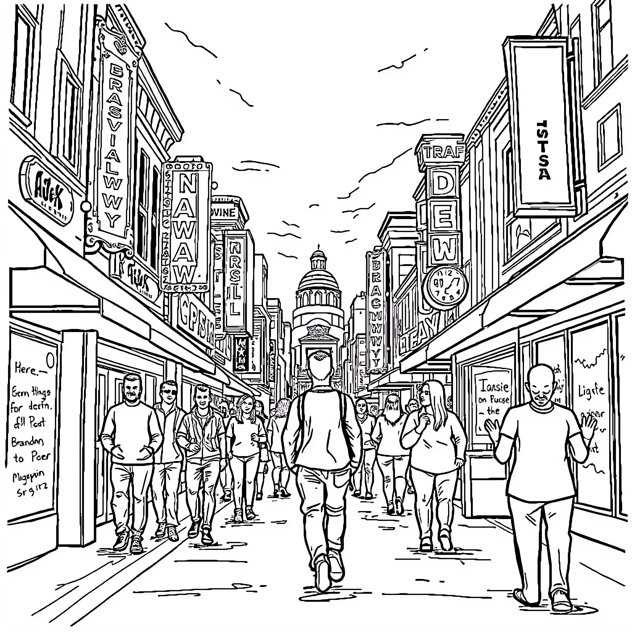 AJR: Bustling city scene with people walking Coloring Page (free black-and-white line drawing printable PDF for all, from beginners to advanced learners, including children, teens, adults, and seniors)
