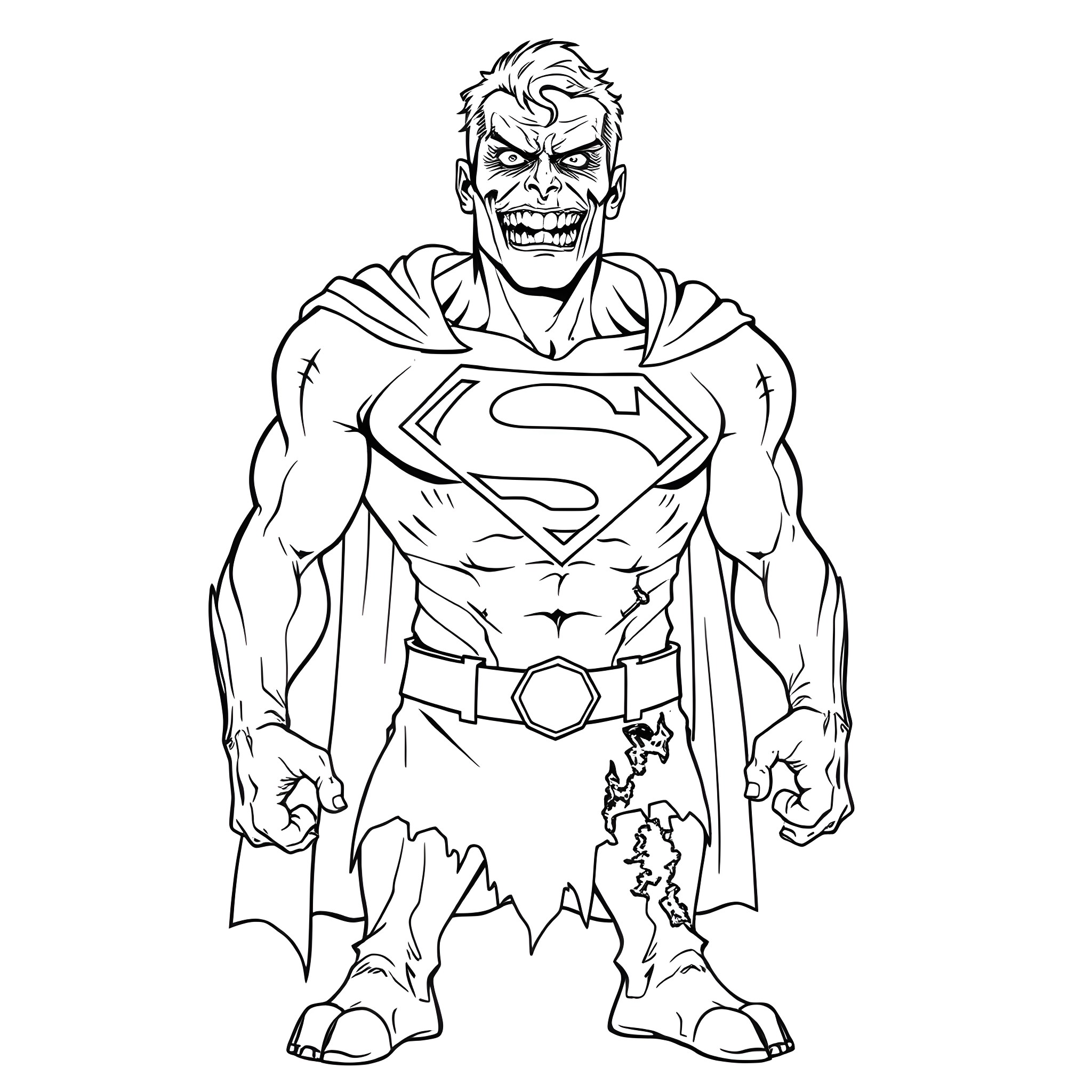 Zombie Superman unleashes his undead fury Coloring Page (free black-and-white line drawing printable PDF for all, from beginners to advanced learners, including children, teens, adults, and seniors)