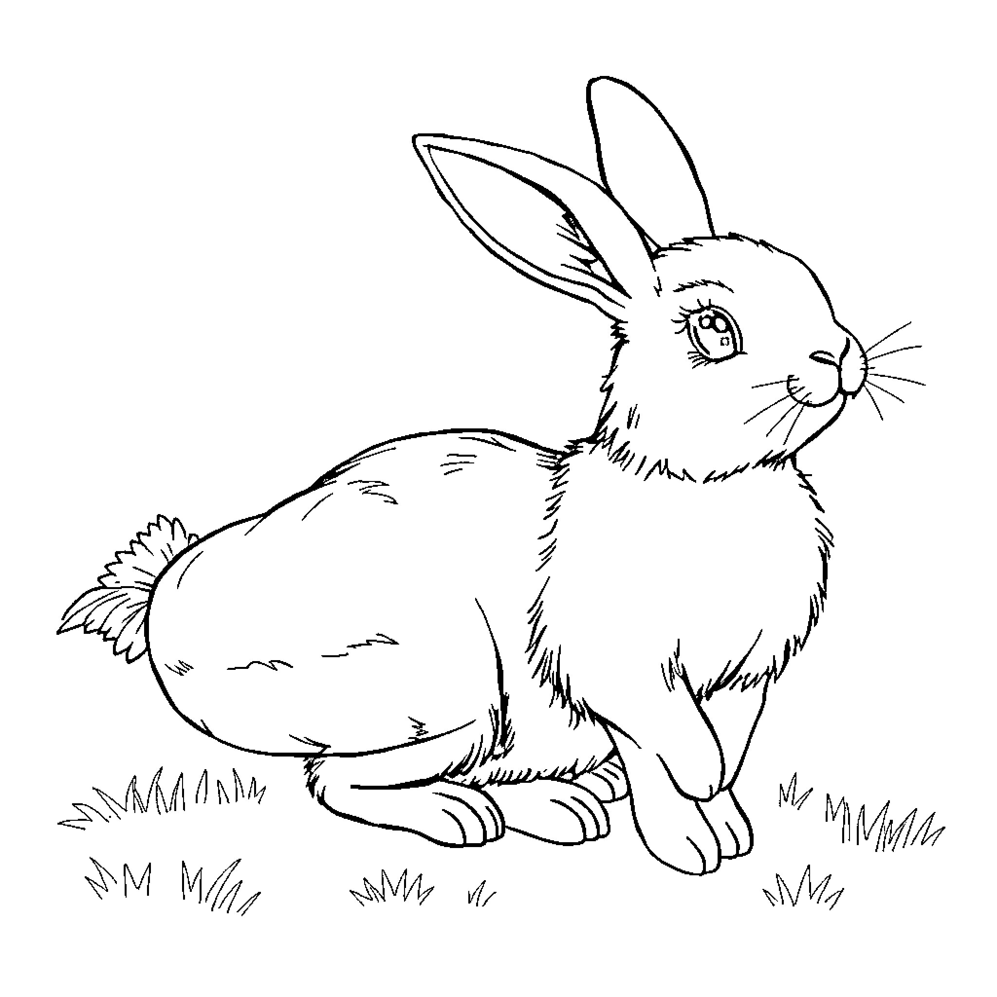 Rabbit Sitting Peacefully in Nature Coloring Page (free black-and-white line drawing printable PDF for all, from beginners to advanced learners, including children, teens, adults, and seniors)