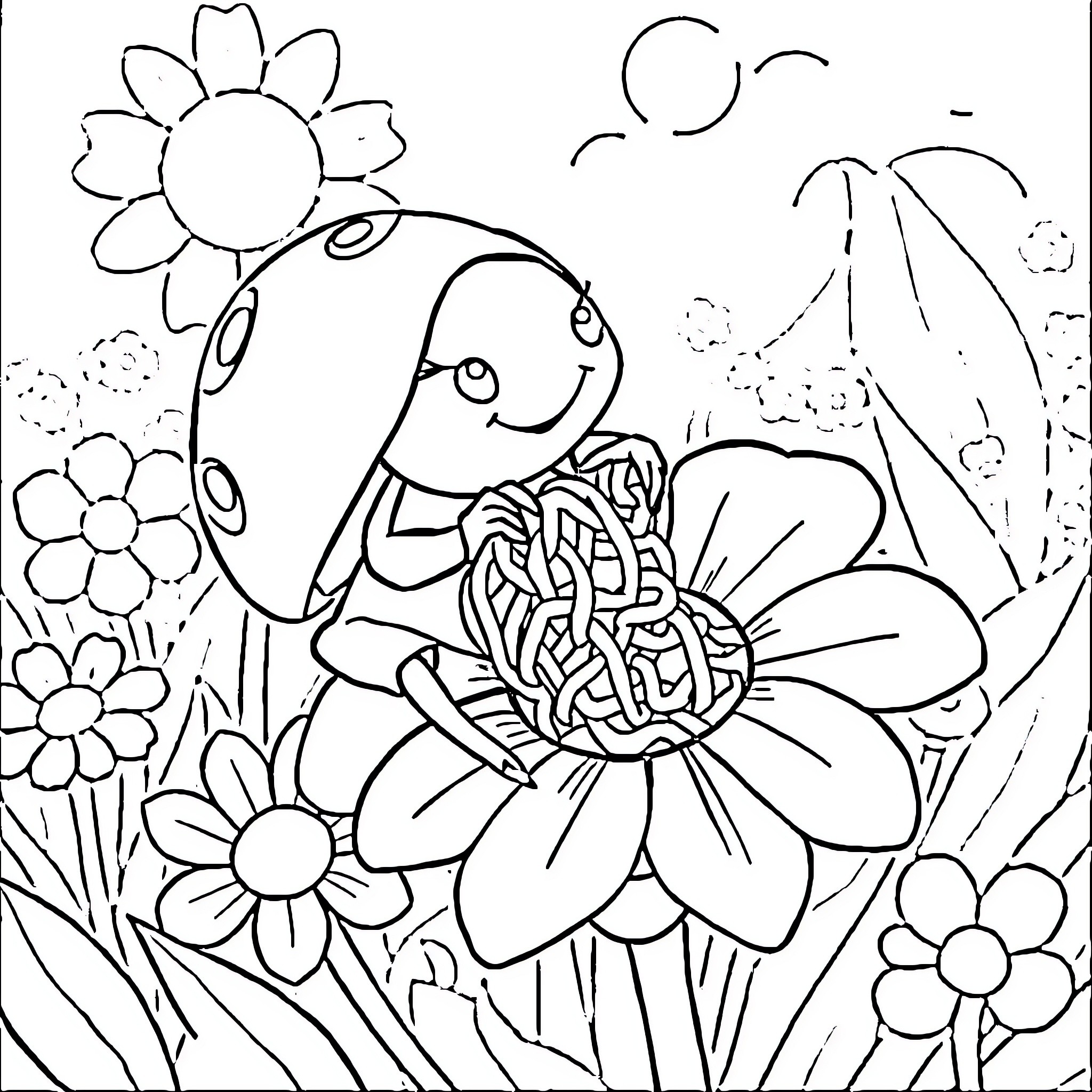 Ladybug enjoying a blooming flower garden Coloring Page (free black-and-white line drawing printable PDF for all, from beginners to advanced learners, including children, teens, adults, and seniors)