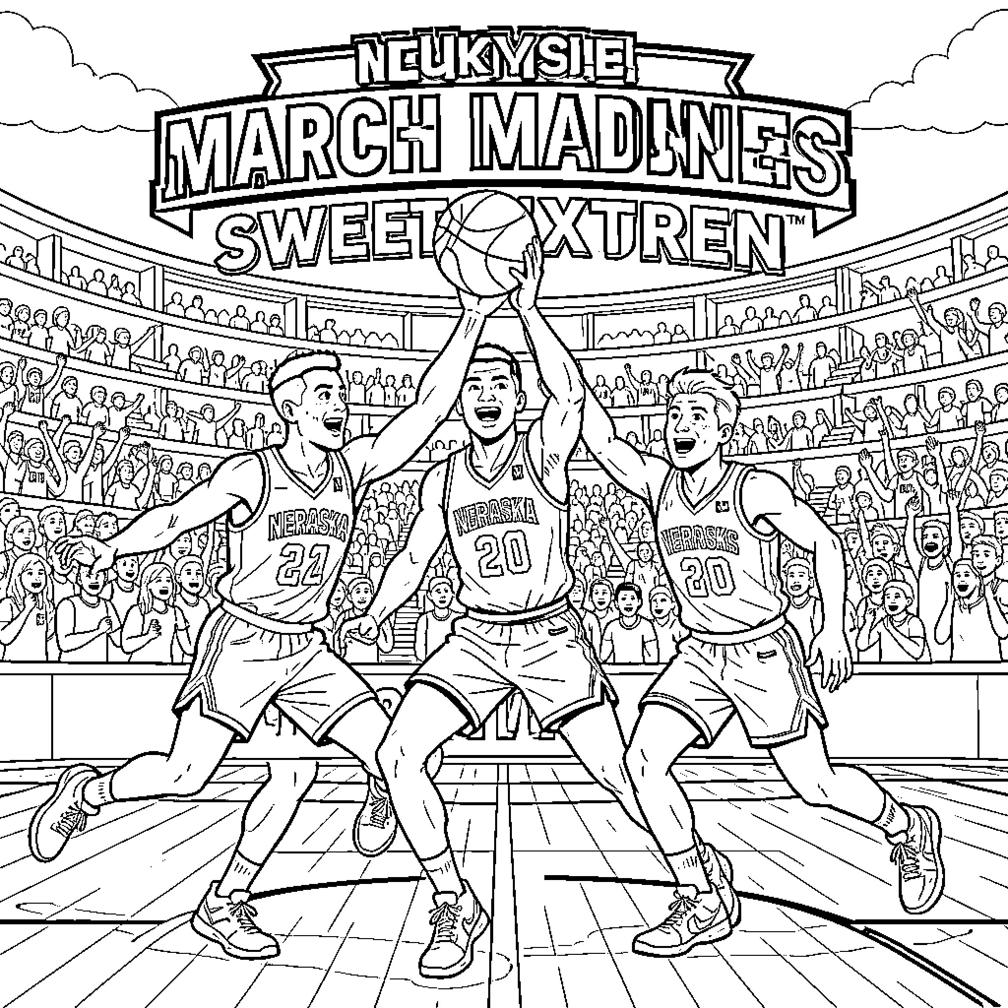 Basketball players in energetic March Madness action Coloring Page (free black-and-white line drawing printable PDF for all, from beginners to advanced learners, including children, teens, adults, and seniors)