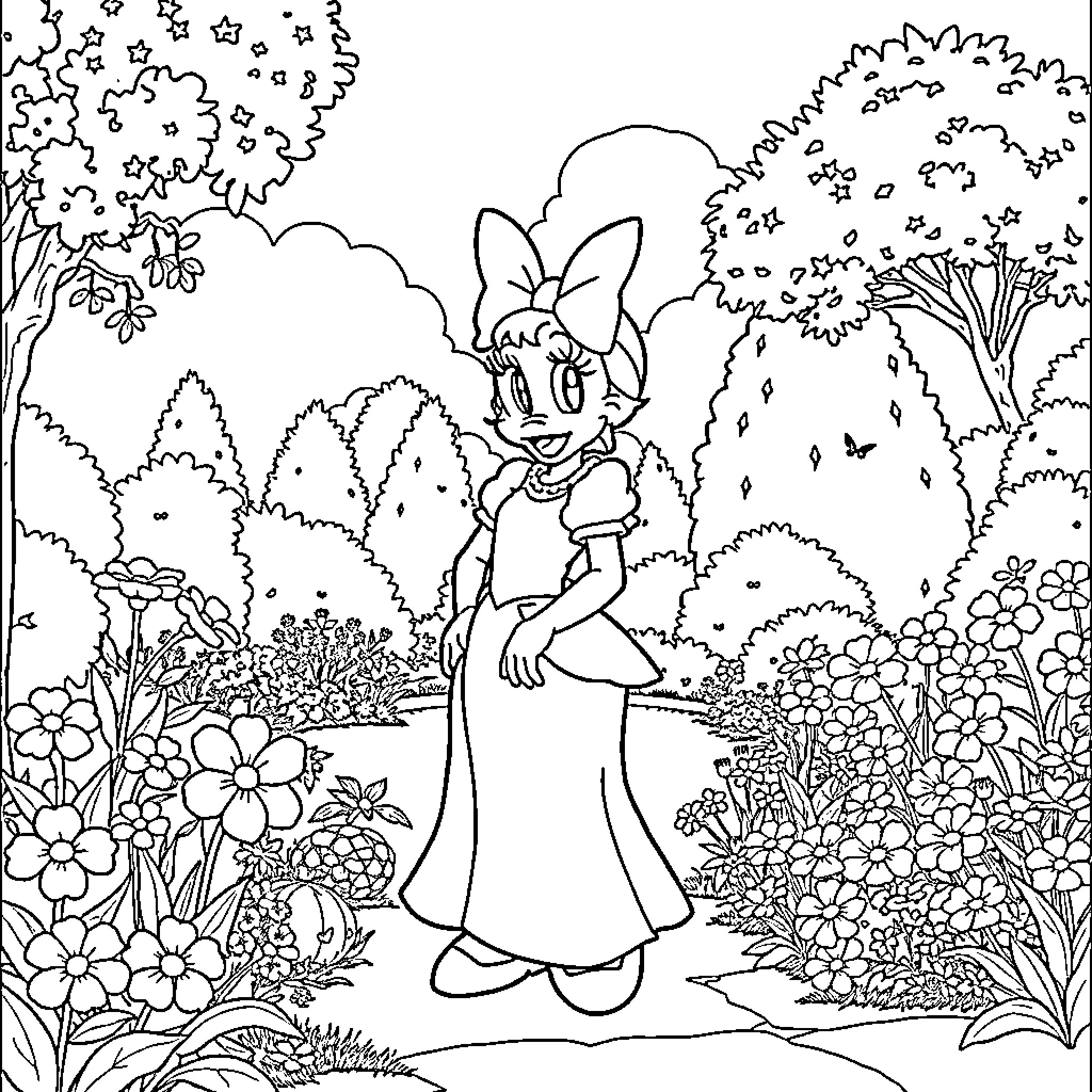 Princess Exploring the Enchanted Garden Coloring Page (free black-and-white line drawing printable PDF for all, from beginners to advanced learners, including children, teens, adults, and seniors)