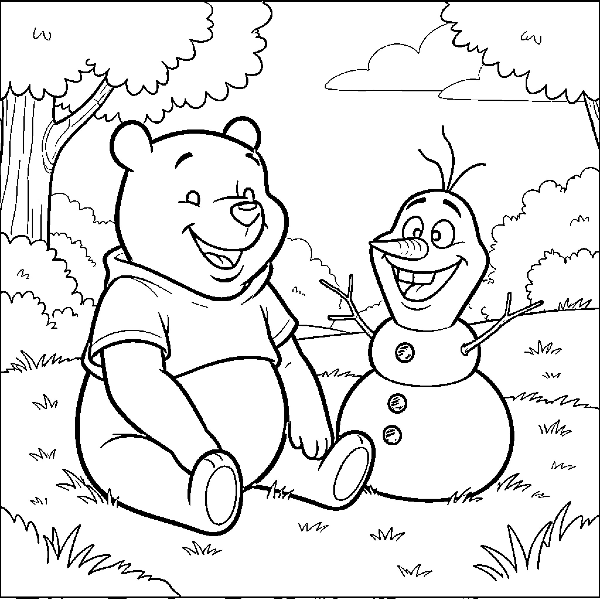 Winnie The Pooh smiling while sitting next to a snowman Coloring Page (free black-and-white line drawing printable PDF for all, from beginners to advanced learners, including children, teens, adults, and seniors)