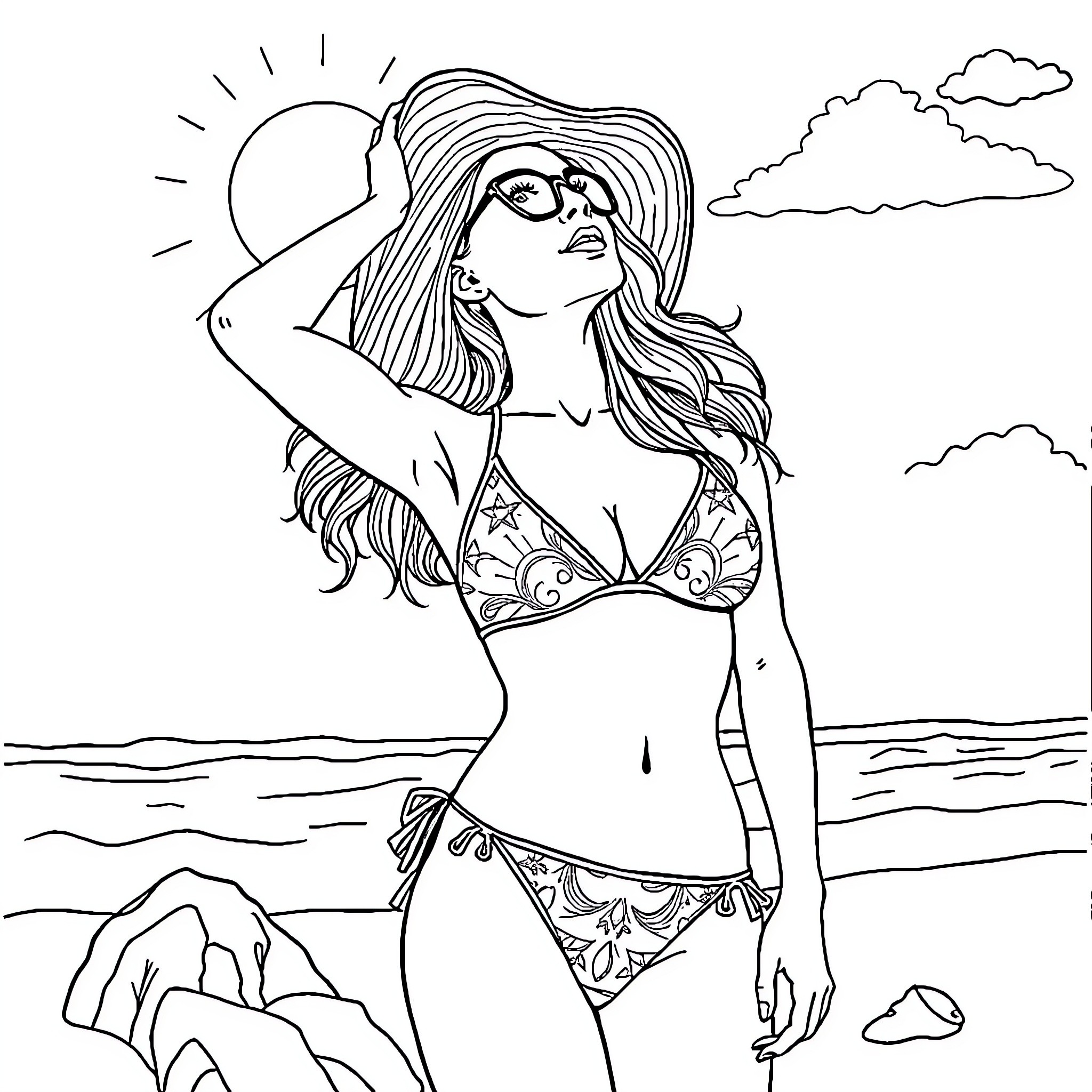 Bikini Woman Enjoying the Sunny Beach Coloring Page (free black-and-white line drawing printable PDF for all, from beginners to advanced learners, including children, teens, adults, and seniors)