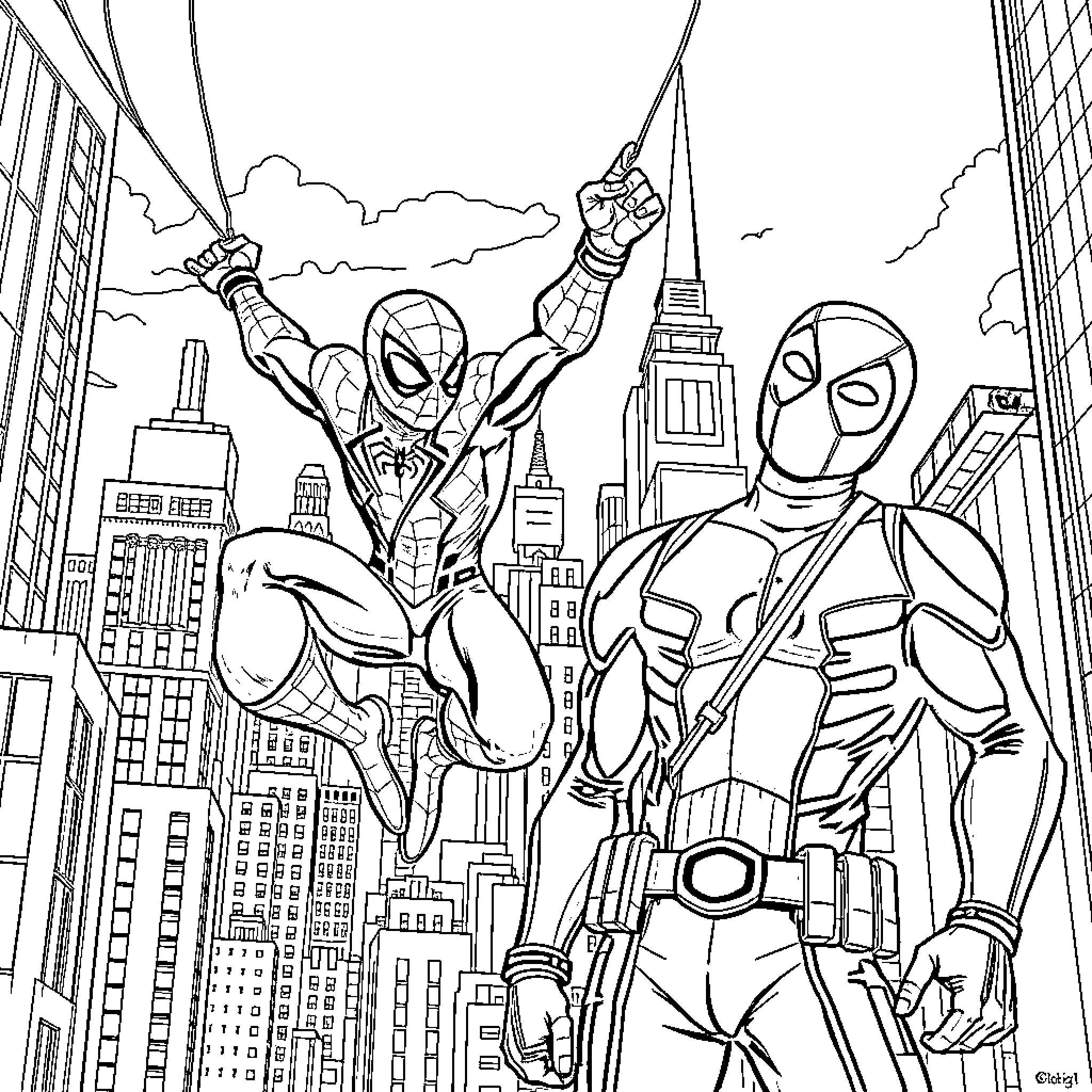 Spider-Man heroically swinging through the city with allies Coloring Page (free black-and-white line drawing printable PDF for all, from beginners to advanced learners, including children, teens, adults, and seniors)