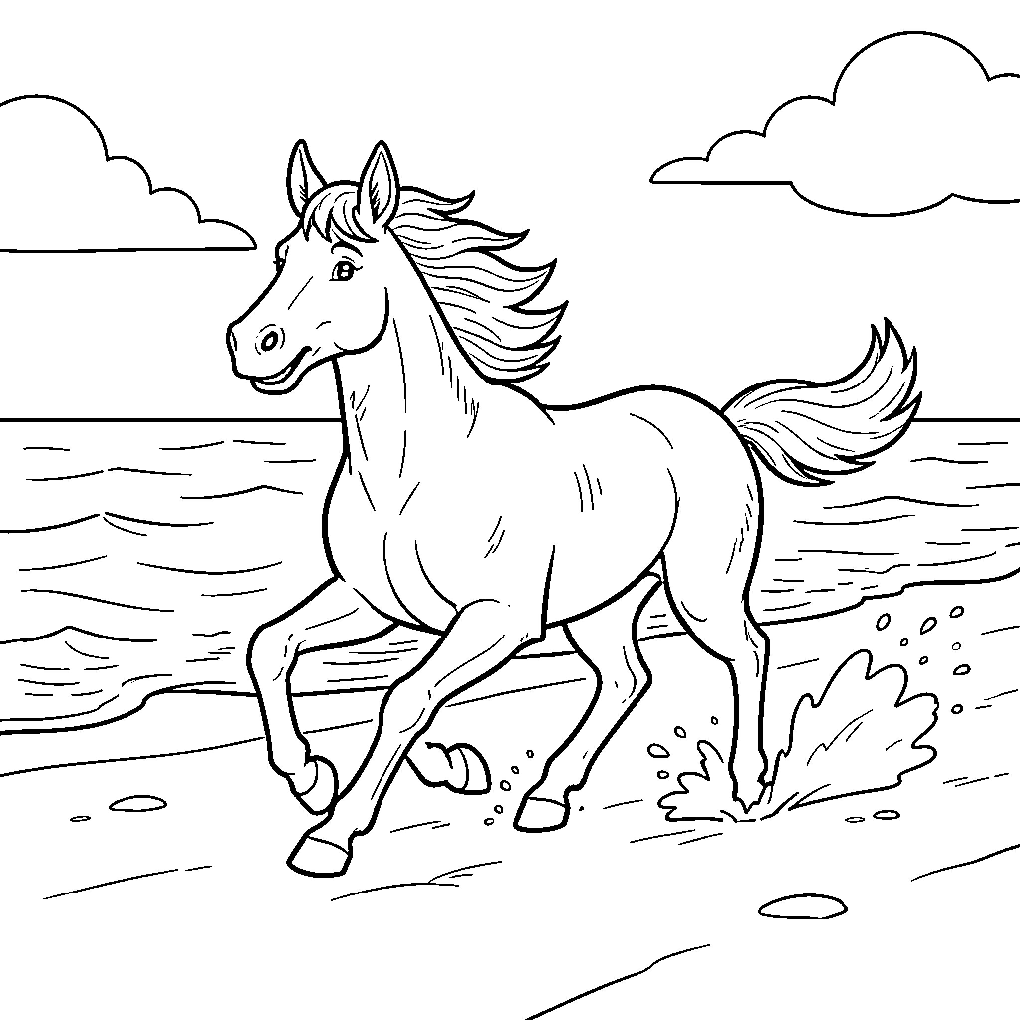 Malinois horse running freely along the beach Coloring Page (free black-and-white line drawing printable PDF for all, from beginners to advanced learners, including children, teens, adults, and seniors)