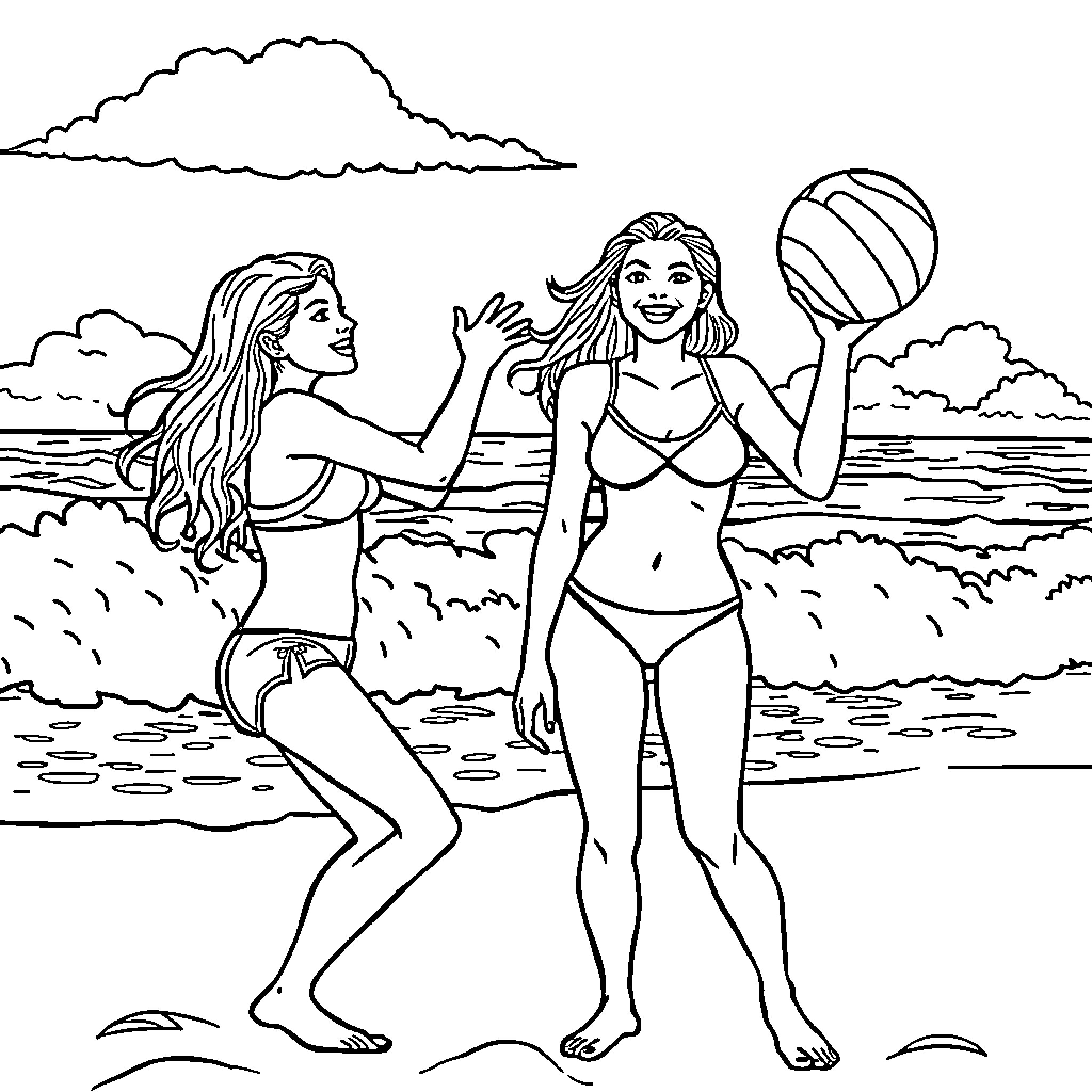Girls playing volleyball on the beach Coloring Page (free black-and-white line drawing printable PDF for all, from beginners to advanced learners, including children, teens, adults, and seniors)